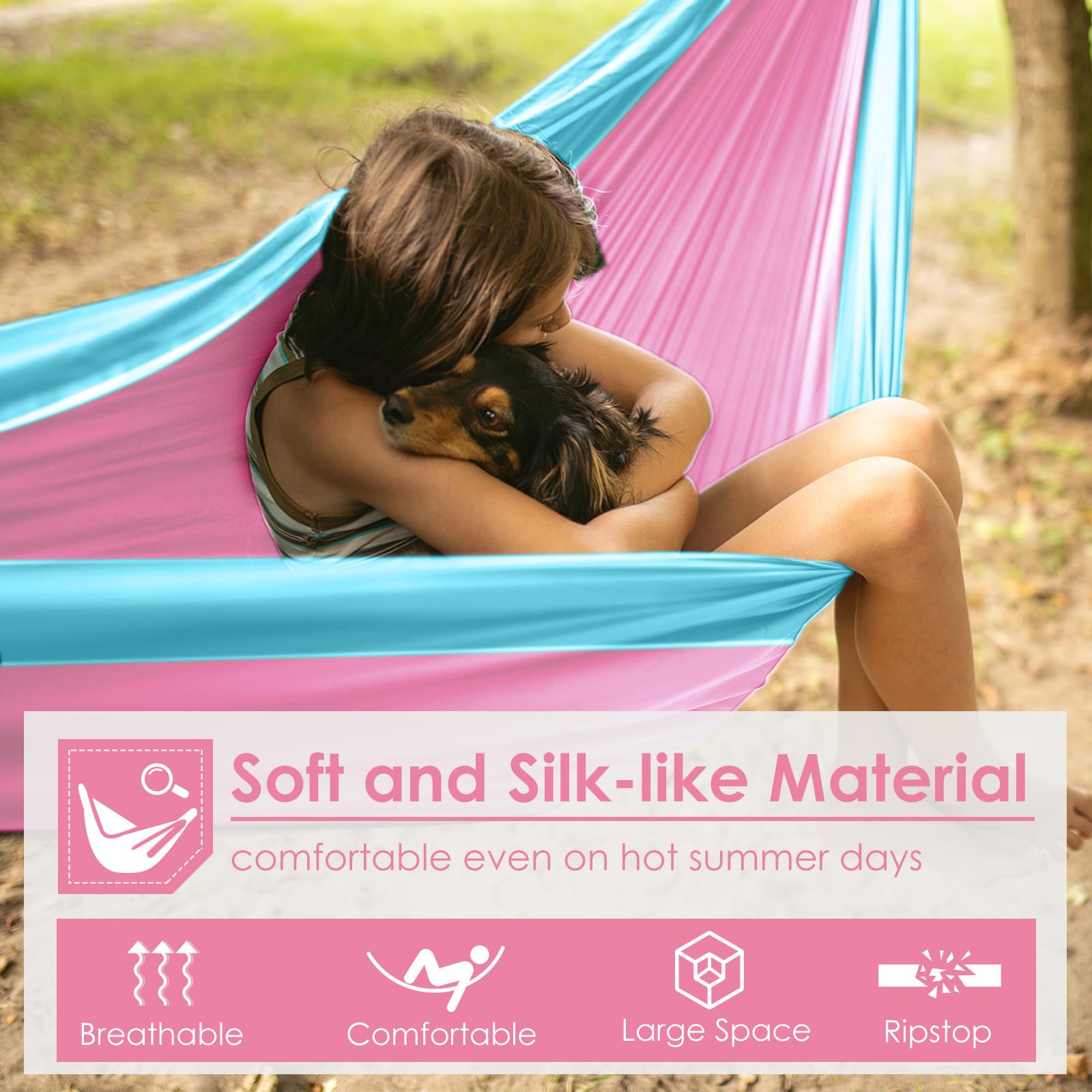 GRASSMAN Hamaca para niños, hamacas de camping pequeñas, equipo de camping portátil para uso en interiores y exteriores, con correas de árbol y mosquetones, rosa y azul