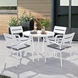 Soleil Jardin 5 Piece Outdoor Dining Set, Aluminum Patio Furniture Dining Set with Round Dining Table w/Umbrella Hole and 4 Stackable Chairs w/Cushions for Yard, Garden, Porch and Pool, White