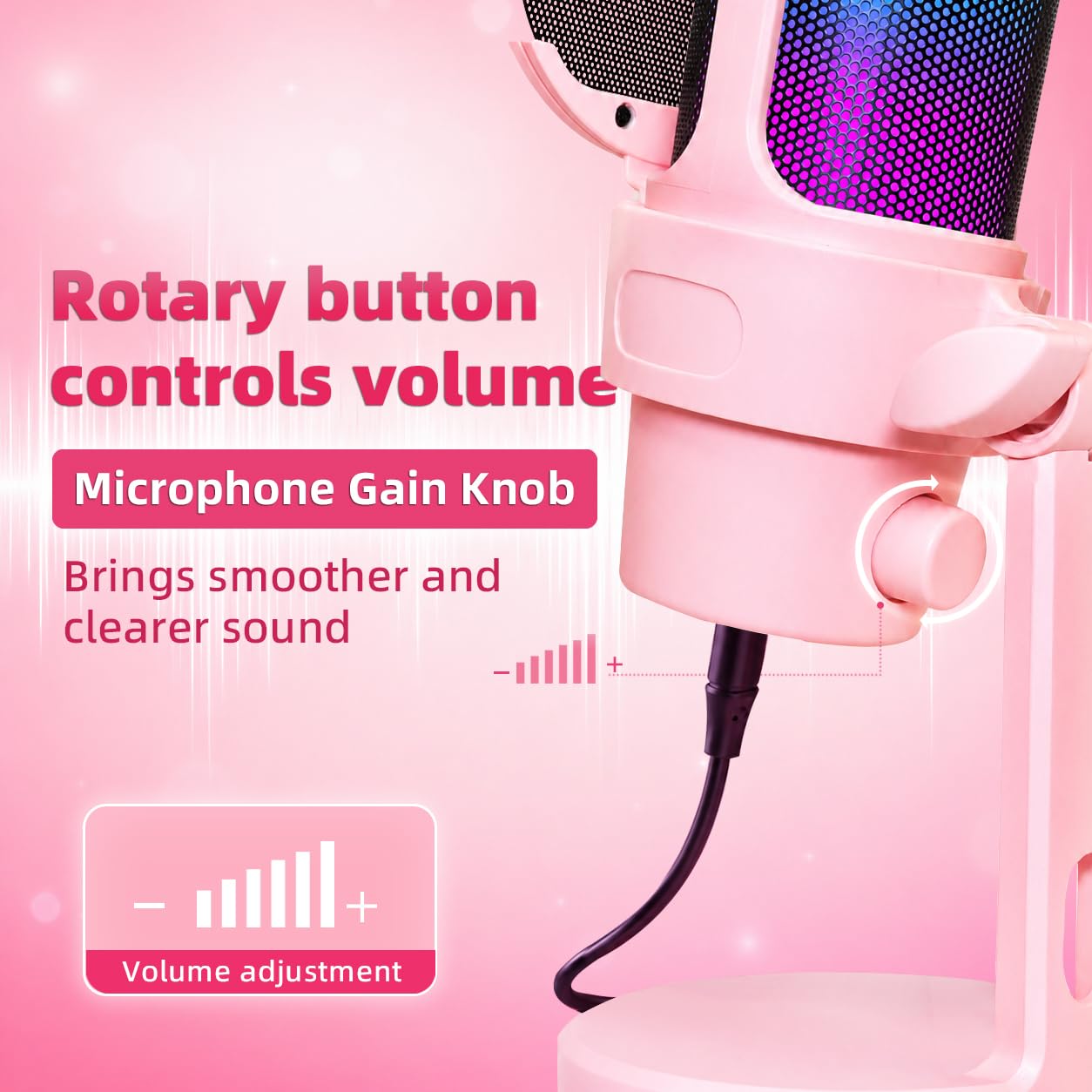 VCOM Microfono USB per PC, microfono da gioco RGB con pulsante mute, filtro pop, supporto antiurto, manopola di guadagno, microfoni a condensatore per giochi, podcast, streaming, registrazione, rosa