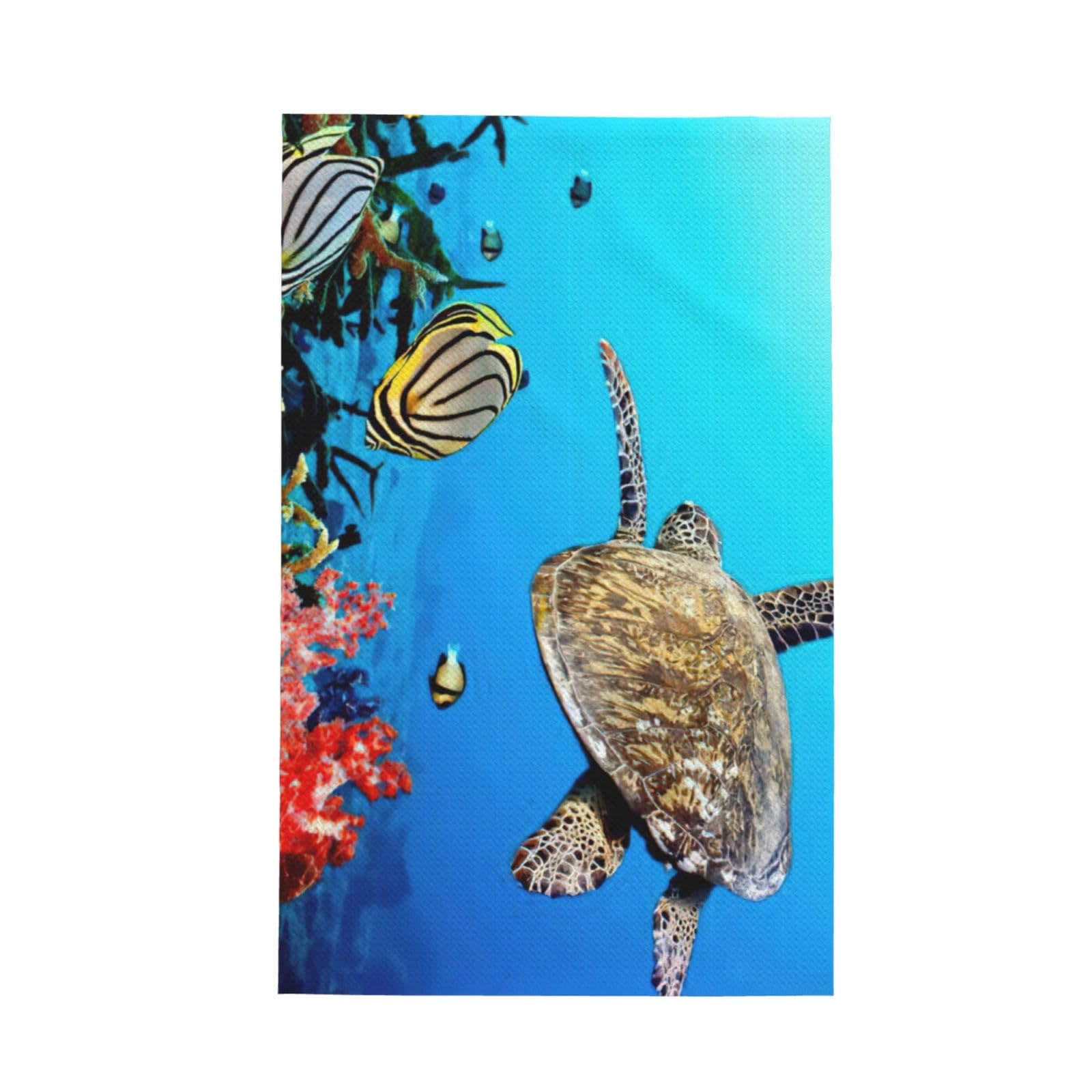 CKGODGF Turtle With Colorful Fishes Under Sea Print Absorbent Waffle Dishcloths,Kitchen Towels With Hanging Loops,Tea Towels.