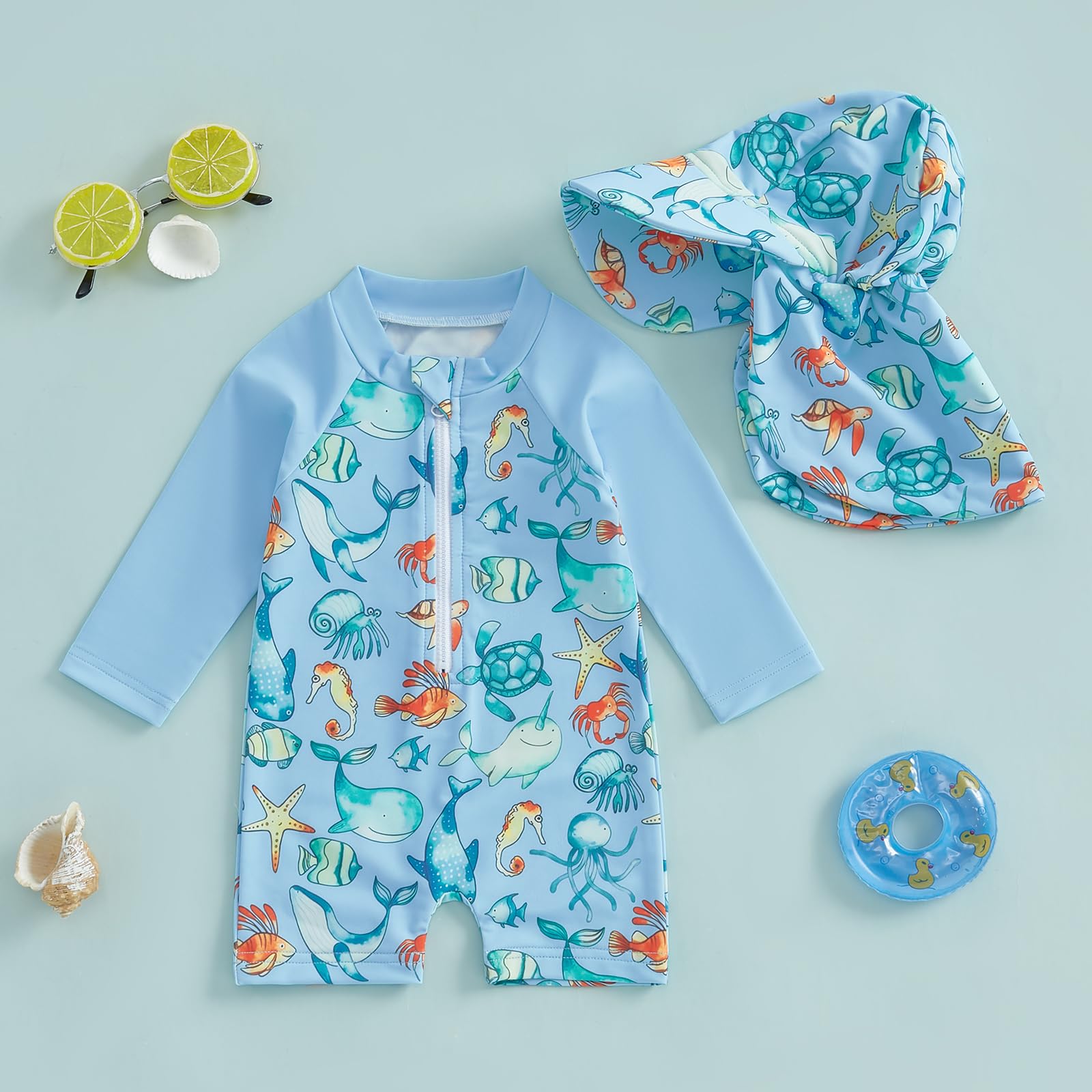 LAGKIYOJ Baby Boys' Swimwear Newborn Swimsuit Boy Casual Zipper One Pieces Rash Guard Swimsuit+Hat Beachwear Bathing Suit (Sky Blue, 12-18 Months)