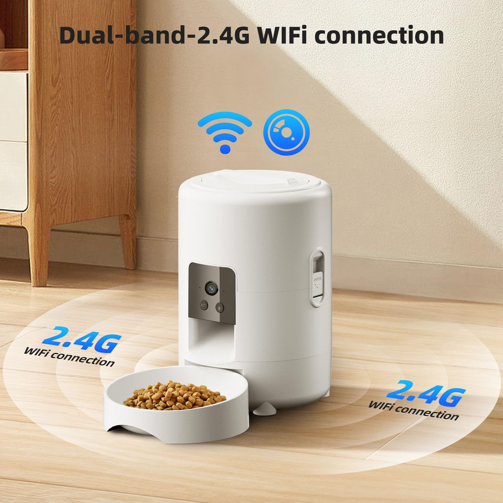 FILFEEL Distributore Automatico di Cibo per Cani Gatti da 2 Litri, WiFi, con App, Timer di Controllo Remoto, Gestione delle Porzioni per Uso Domestico (WHITE)
