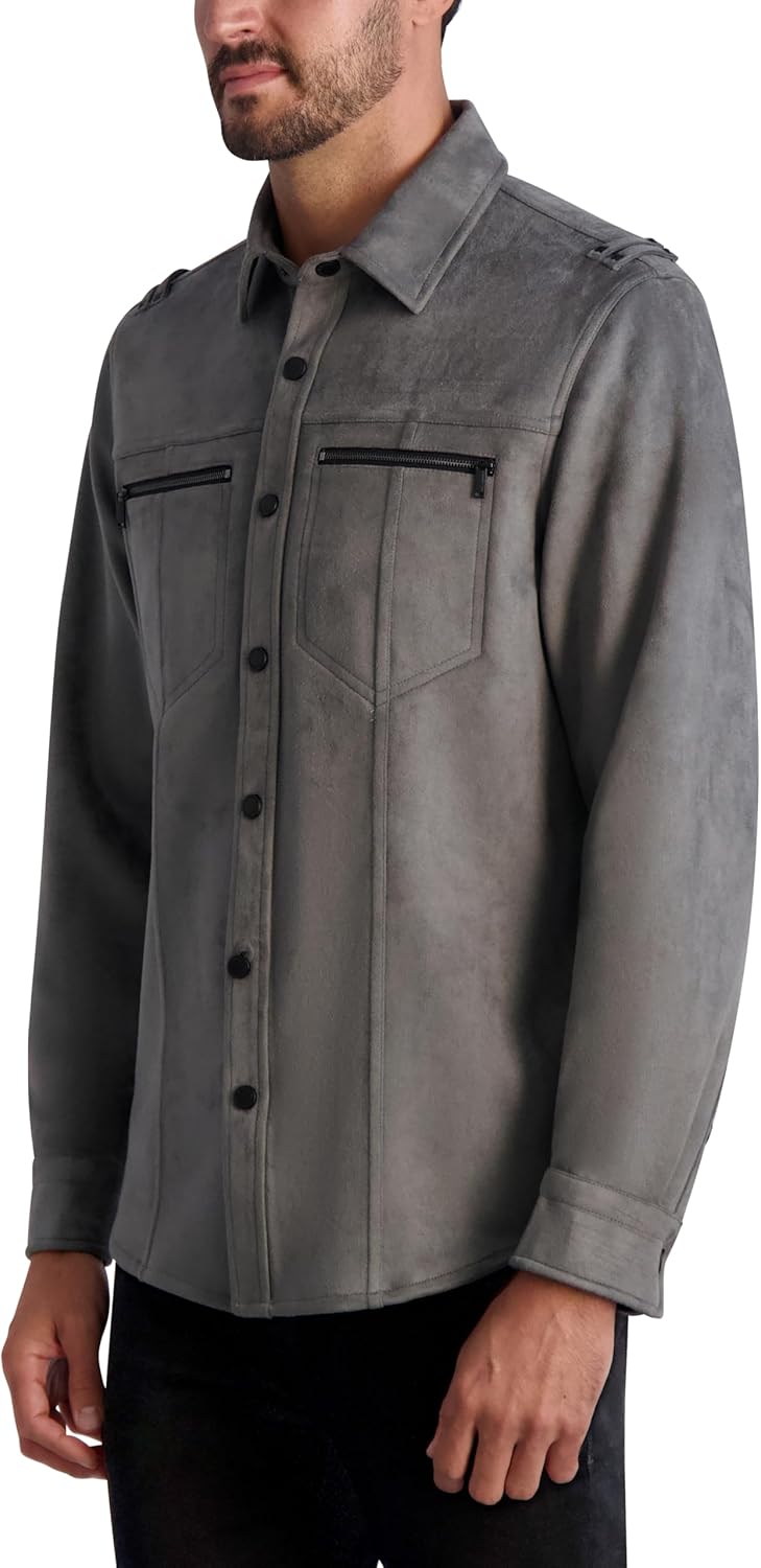 KARL LAGERFELD mens Exposed Zippers Long Sleeve Faux Suede Shirt Jacket - Image 3