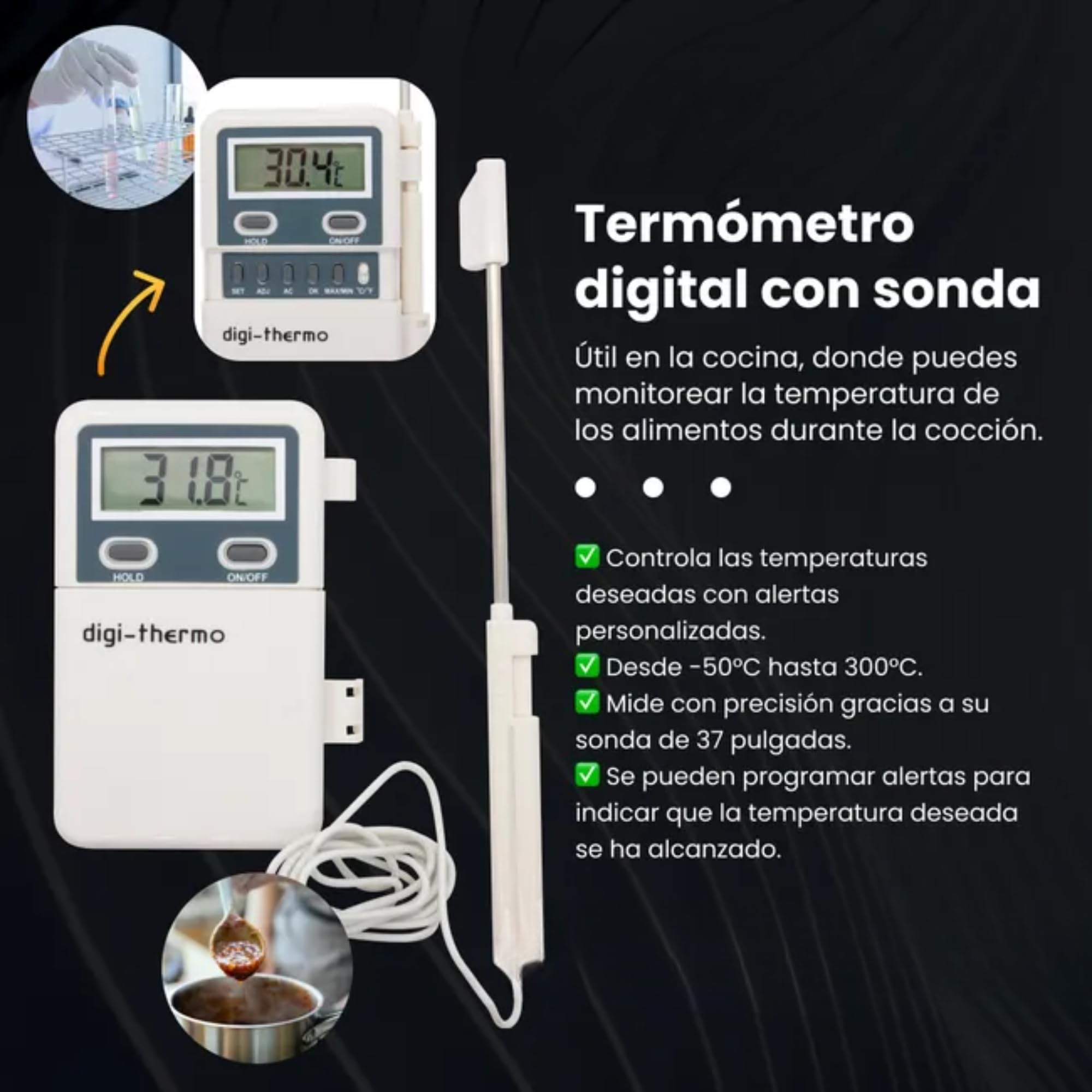 Termómetro digital de mano con sonda, 50° a +300°C, 3V DC (AAA), para climatización y cocina