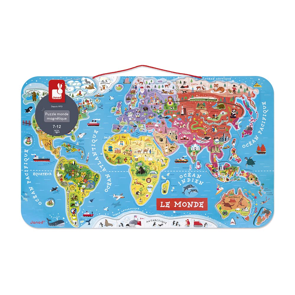 Janod - Drewniana układanka z magnetyczną mapą świata - 92 elementy magnetyczne - 70 x 43 cm - wersja francuska - gra edukacyjna od 7 lat, J05500 Metallic Silver
