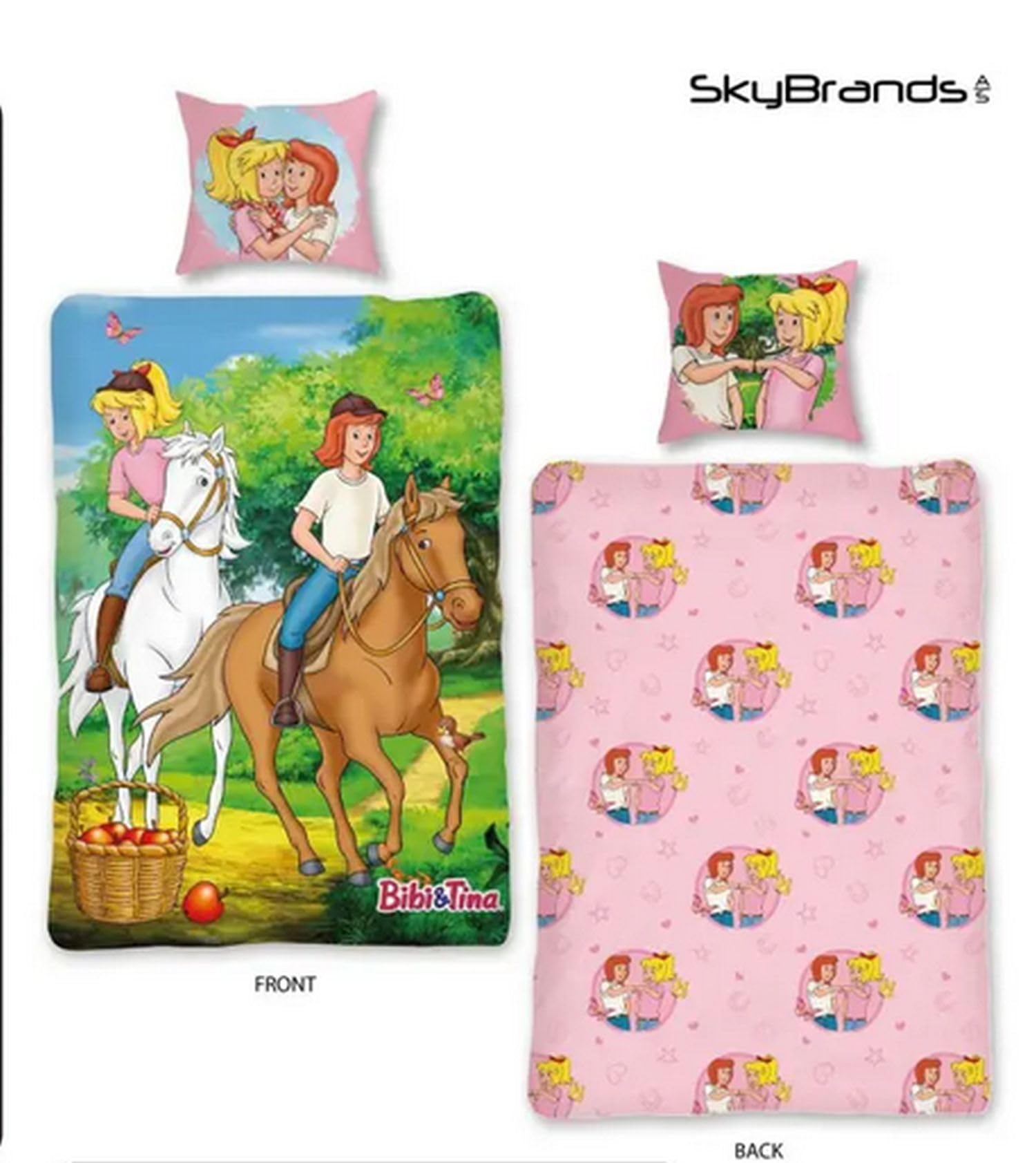 Bibi und Tina Bettwäsche 135x200 cm für Mädchen - 2-teiliges Set aus 100% Baumwolle inkl. Kissenbezug 80x80 cm - Pferdebettwäsche mit gratis Stoffbeutel - Wendemotiv