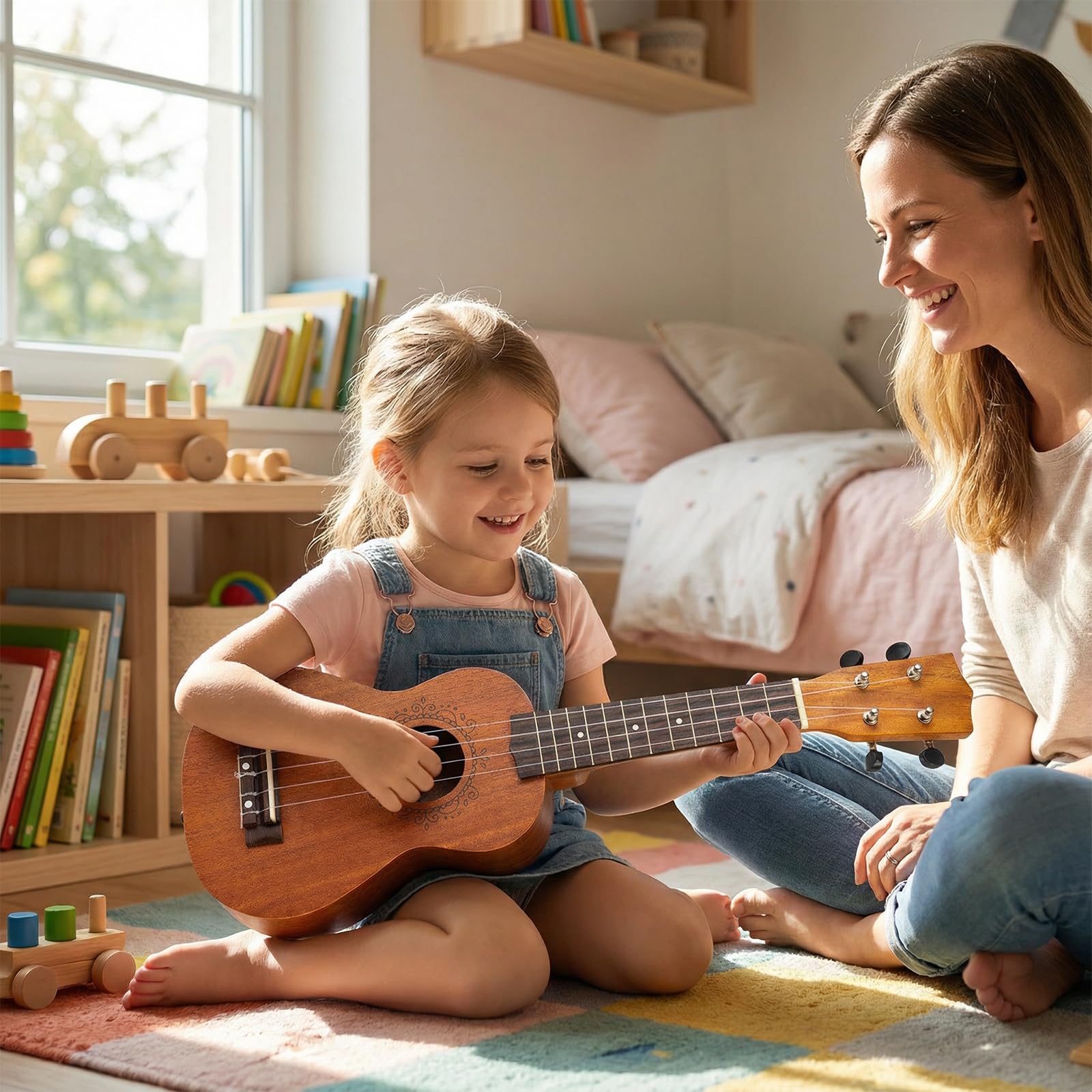 KOMFOTTEU Ukulele da 21 pollici in legno di mogano, set ukulele con tracolla regolabile, set chitarra con plettro e corde in nylon, borsa da trasporto, strumenti musicali per adulti e bambini