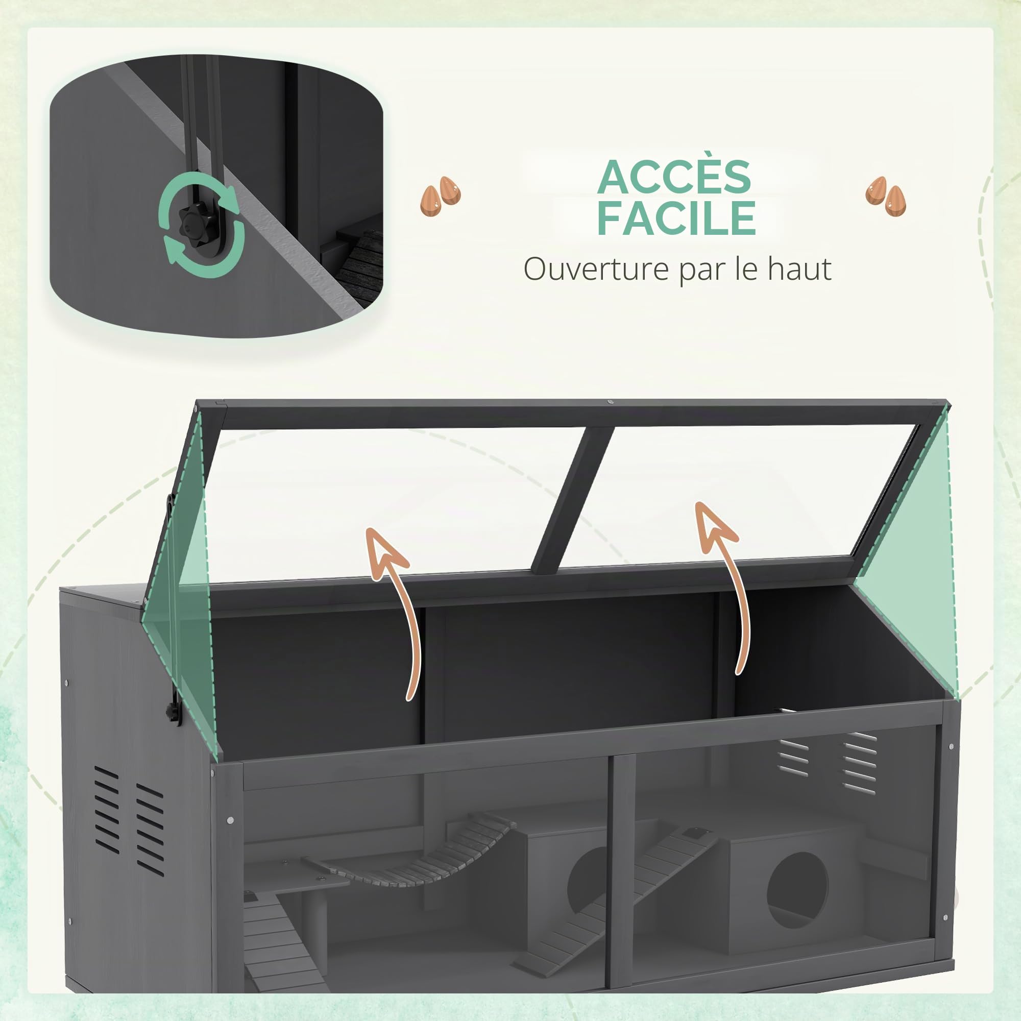 PawHut Cage Hamster en Bois avec Couvercle Pliant 100x80x60 cm Gris foncé | Cage rongeur en bois, pont suspendu, échelles, pour hamsters et hamsters nains