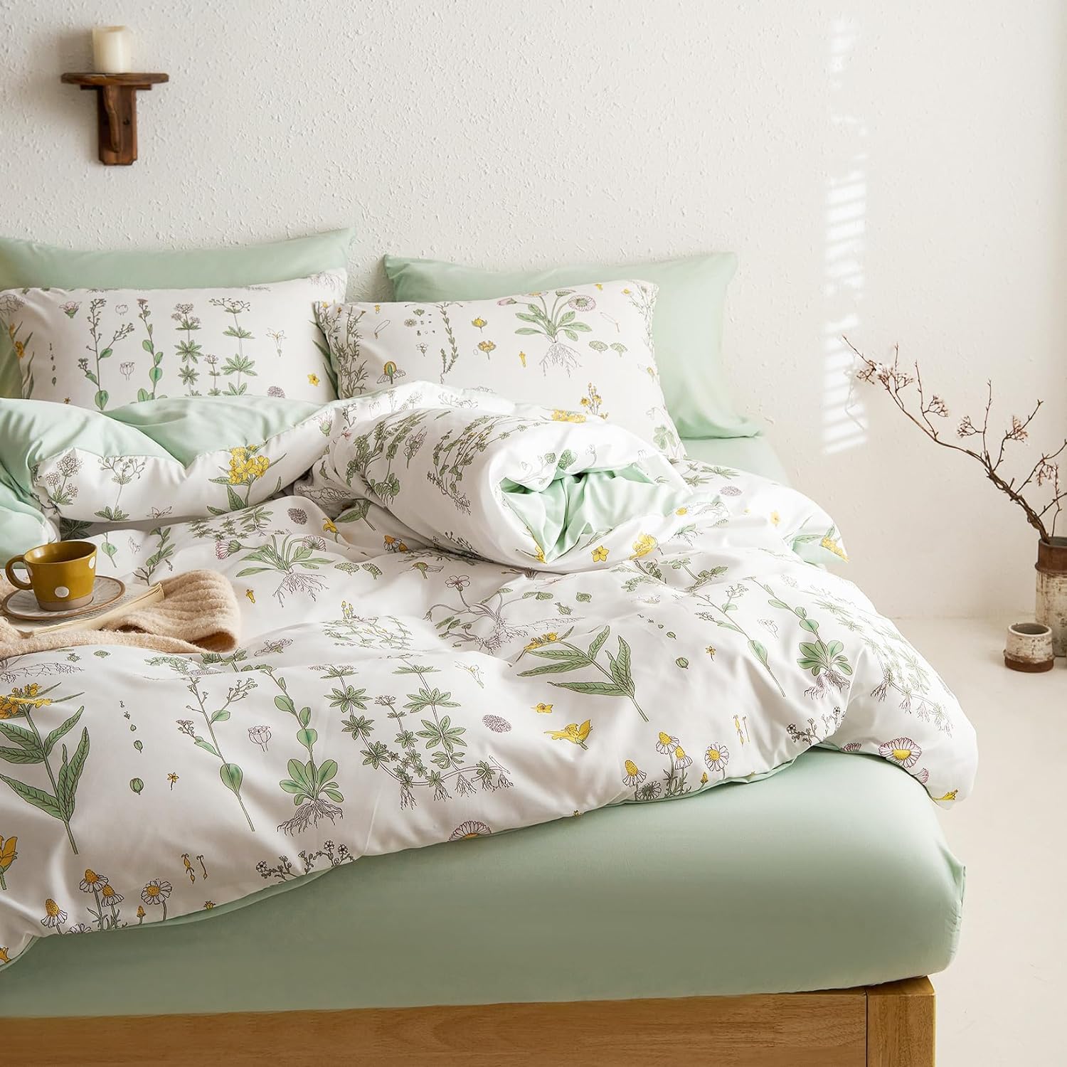 Lanqinglv Biancheria da letto 200 x 200 cm, verde e bianco, foglie floreali, motivo piante, set di biancheria da letto reversibile in microfibra rinforzata, copripiumino con chiusura lampo e 2 federe