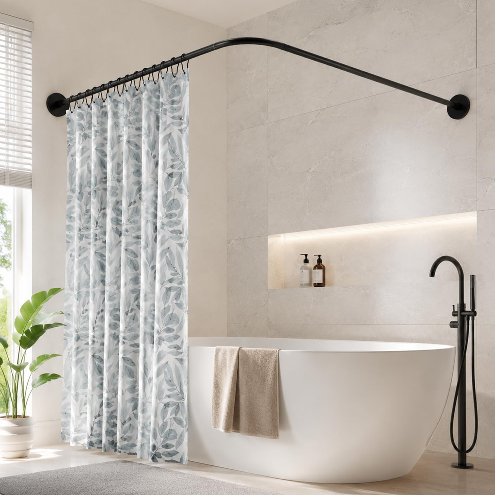 Duschvorhangstange L Form ohne Bohren, 90-130cm Verstellbare Duschstange Ecke, SUS304 Edelstahl Duschvorhang Stange Badewanne mit 12 Haken, für Badewanne/Badezimmer, Schwarz