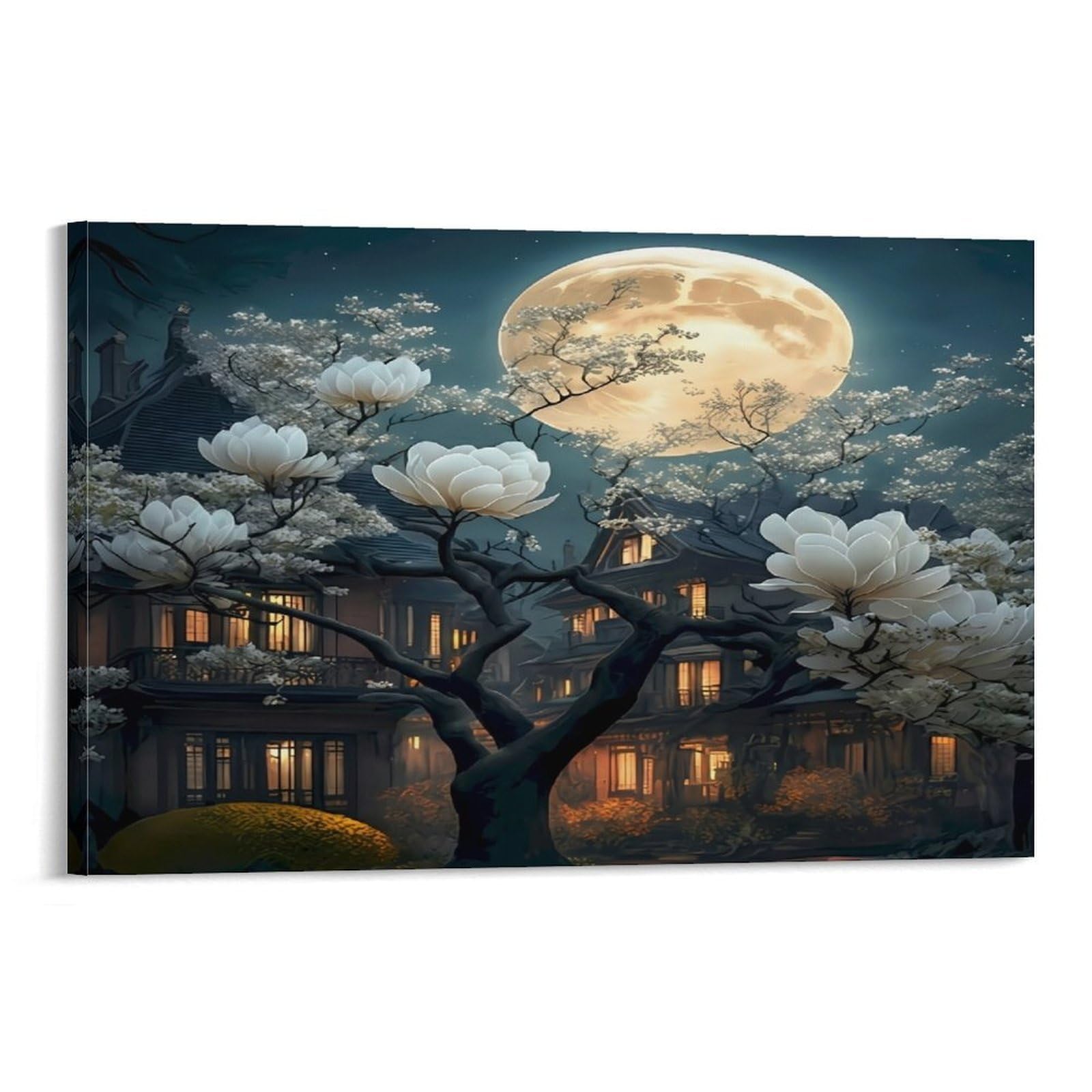 XPASHIQWC Moonlit Magnolia Poster Artwork Old Houses Canvas Prints Picture Modern Wall Art Picture Wall Hanging for Home Decorations 20x30inch(50x75cm)