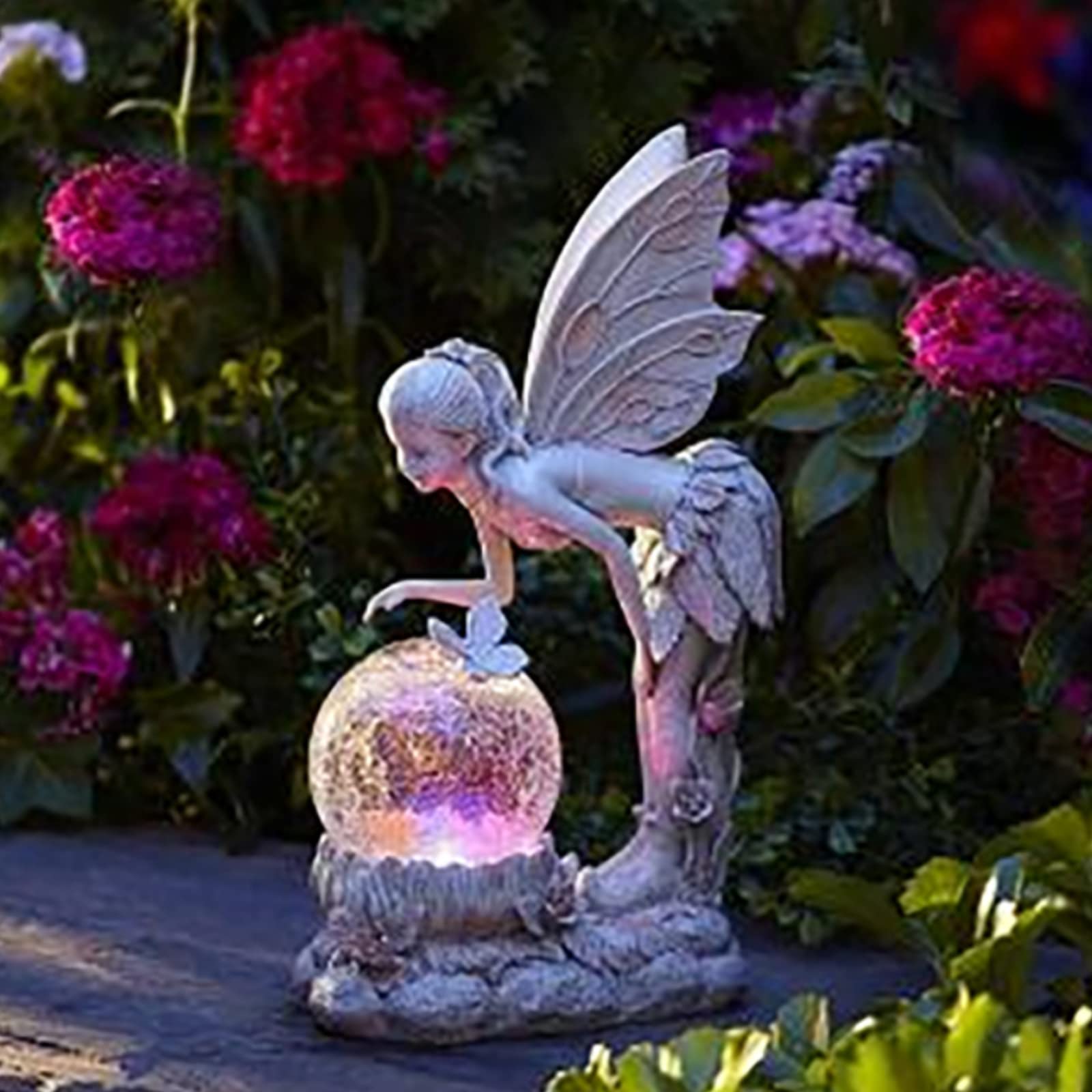 Jardín Cuento De Hadas Hada De Las Flores Adornos, Estatuas Al Aire Libre Con Luces Solares, Impermeable Resina Ángel Figuras De Patio Con Bola Crepitante, Esculturas Decoraciones