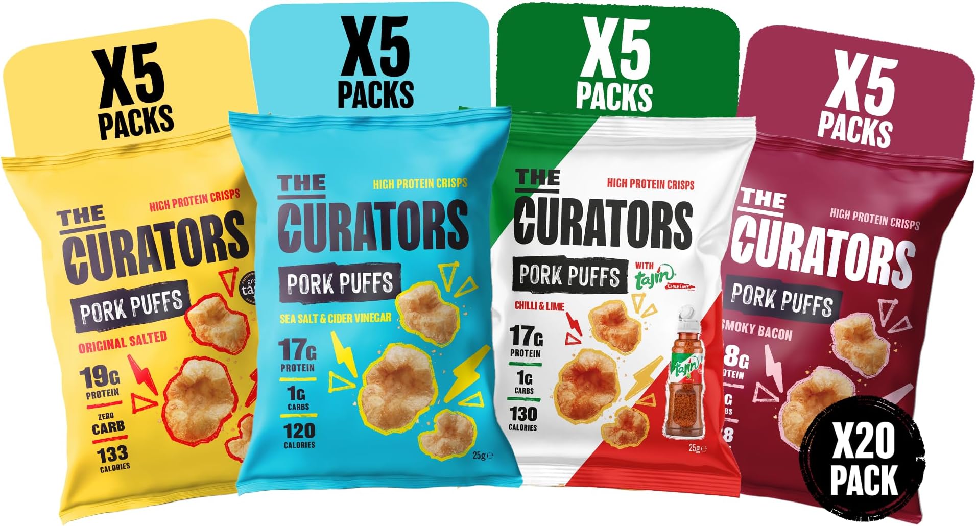 THE CURATORS High Protein Pork Puffs Variety Pack, 5 x Original Salted, 5 x Smoky Bacon, 5 x Tajin, 5 x Salt & Vinegar 25g (20 Packs) Crisp Low Carb Keto Gluten Free Savoury Snack