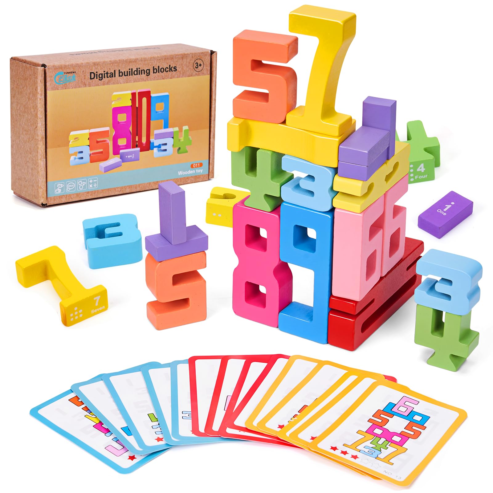 Azazaza Wooden Number Blocks, Montessori Building and Stacking Toys Puzzle for Kids 3+ Years Old (20 Pieces, 15 Cards)