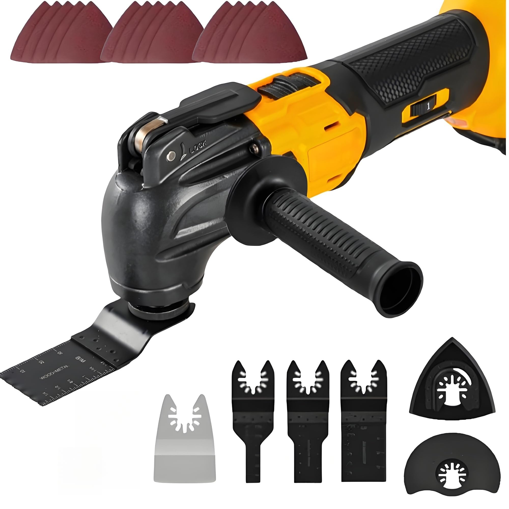 Strumento multifunzione oscillante adatto per batteria Dewalt da 20 V, 6 seghe oscillanti senza spazzole a velocità variabile, strumento oscillante senza fili con 21 accessori per levigatura da taglio