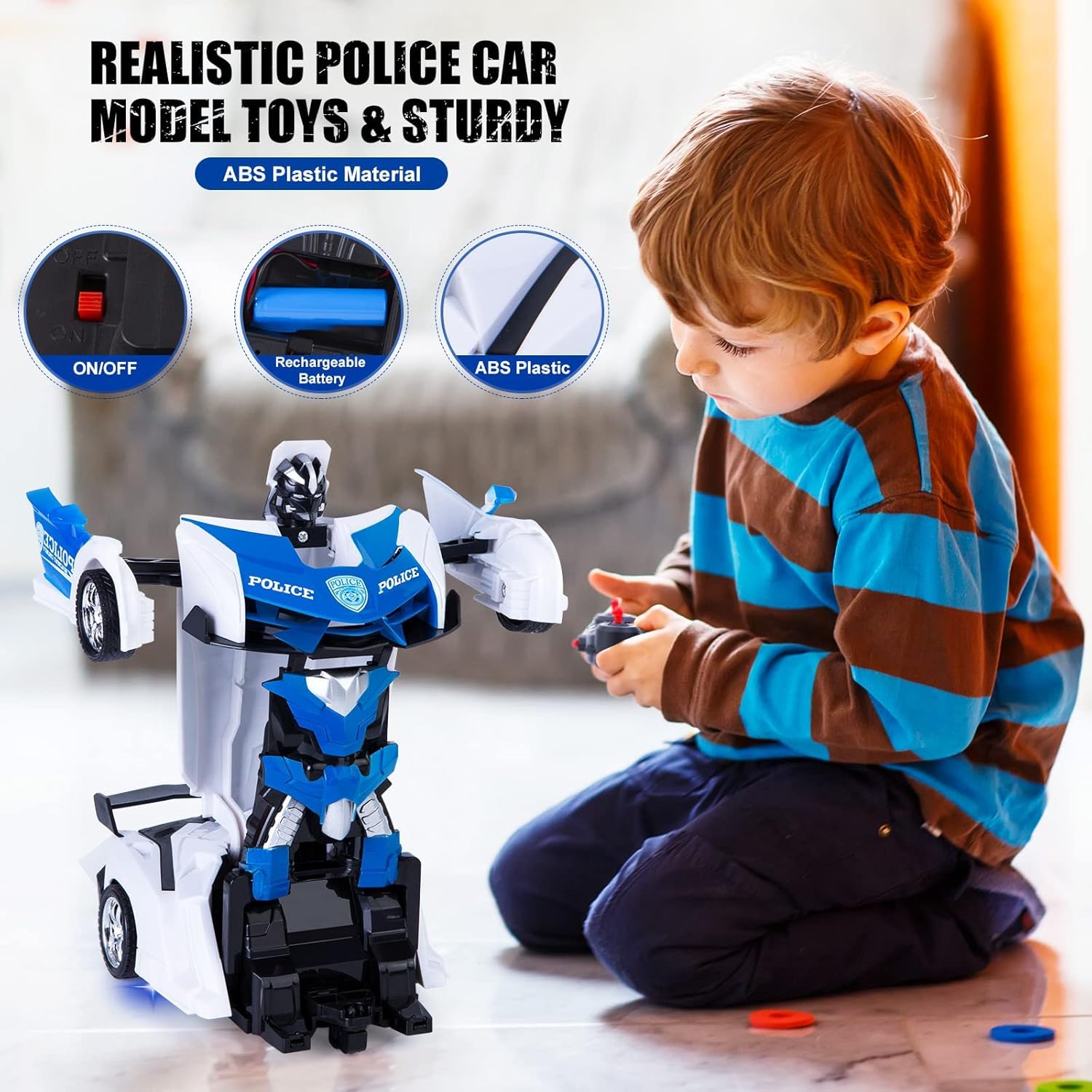 Highttoy Voiture de Police Télécommandée Robot Enfant, 2.4GHz Rotation à 360° Voiture Télécommandé Transformable Transformateur Robot Jouet Cadeau Enfant 3 4 5 6 7 8 Ans Garçon Fille Blanc