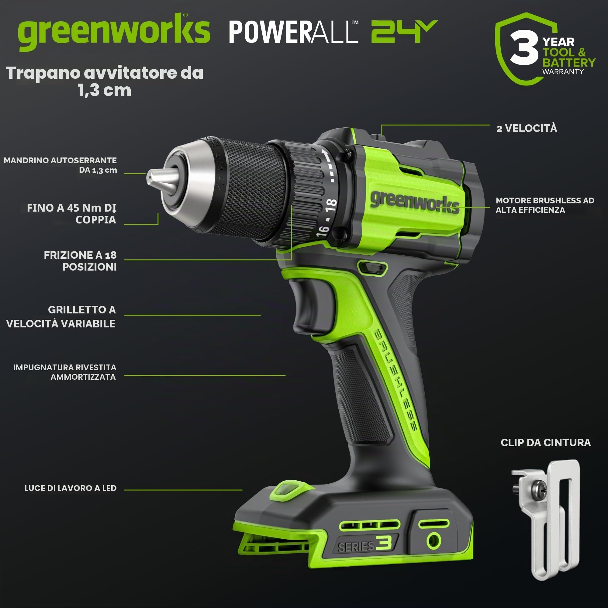 Greenworks 24V Trapano Avvitatore a Batteria 45Nm + 220Nm Avvitatore a impulsi a batteria Brushless, (2) batterie USB-C 2.0Ah (12.000mAh) e caricatore veloce USB-C da 65W (3 porte) CK321