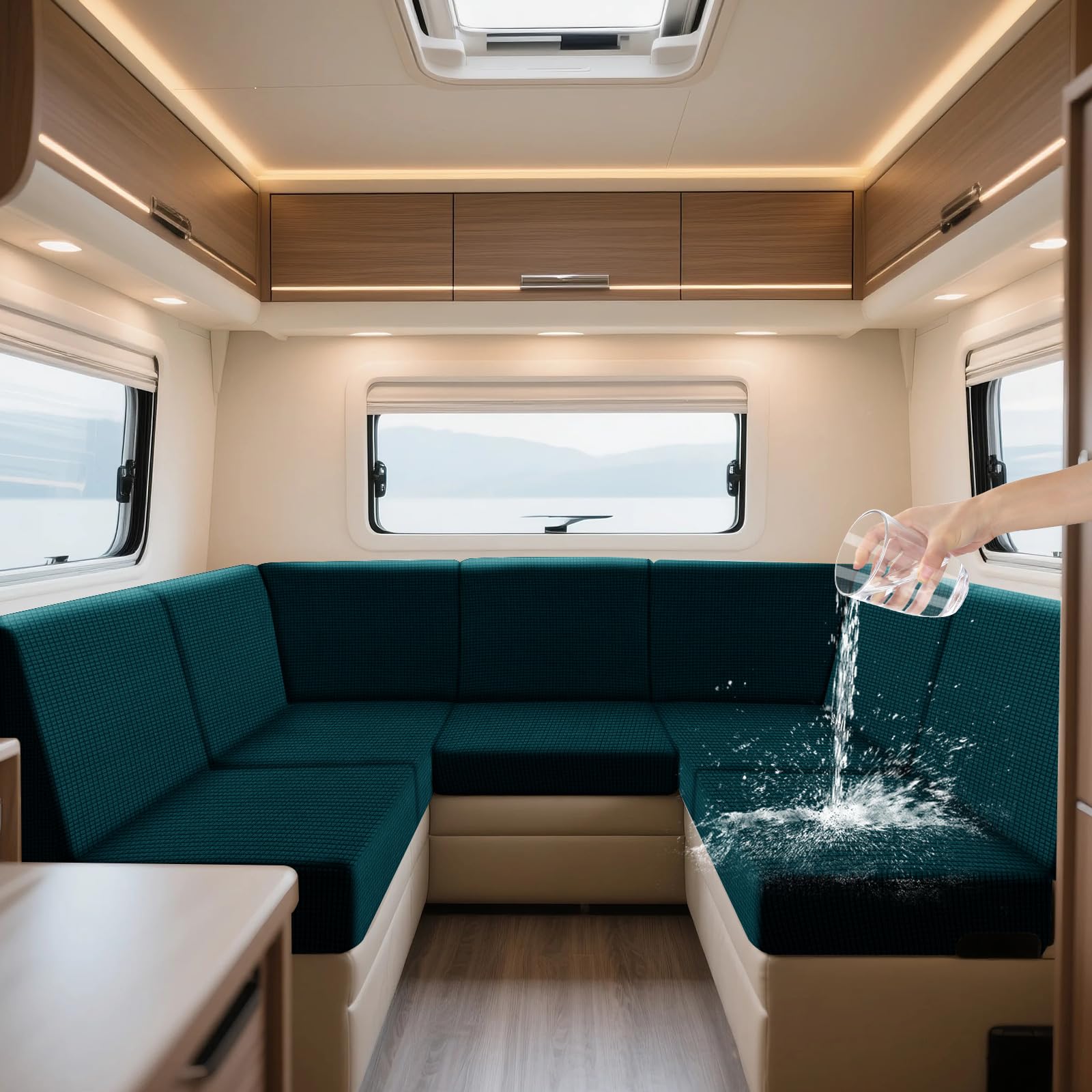 ZYBSLCSY Waterproof Caravan Seat Covers and Backrest Covers, Non-Slip Motorhome Slipcovers with 4 Straps, Jacquard Stretch RV Sofa Covers (Teal,W 65-95cm,D 65-95cm)