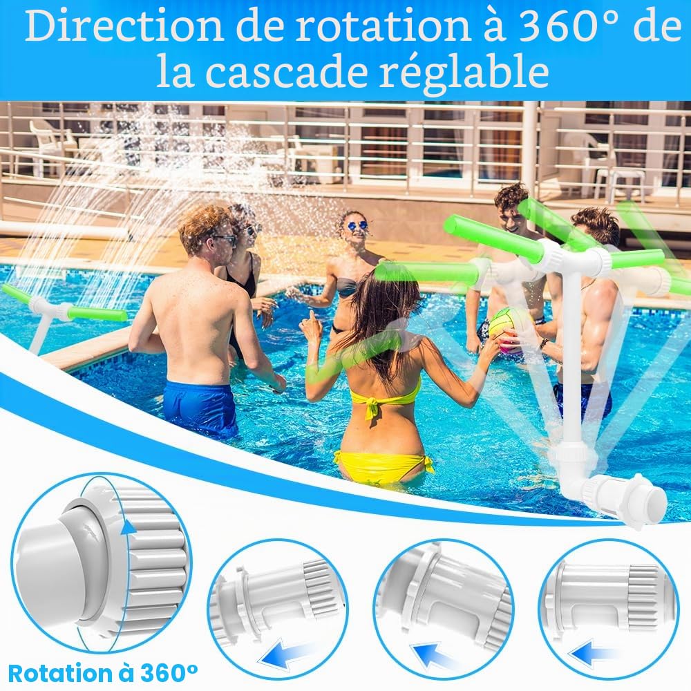 Fontaine de Piscine Cascade à Double Jet avec Arrosage Réglable Haute Pression, Deux TêTes et Connecteur 1,5 in