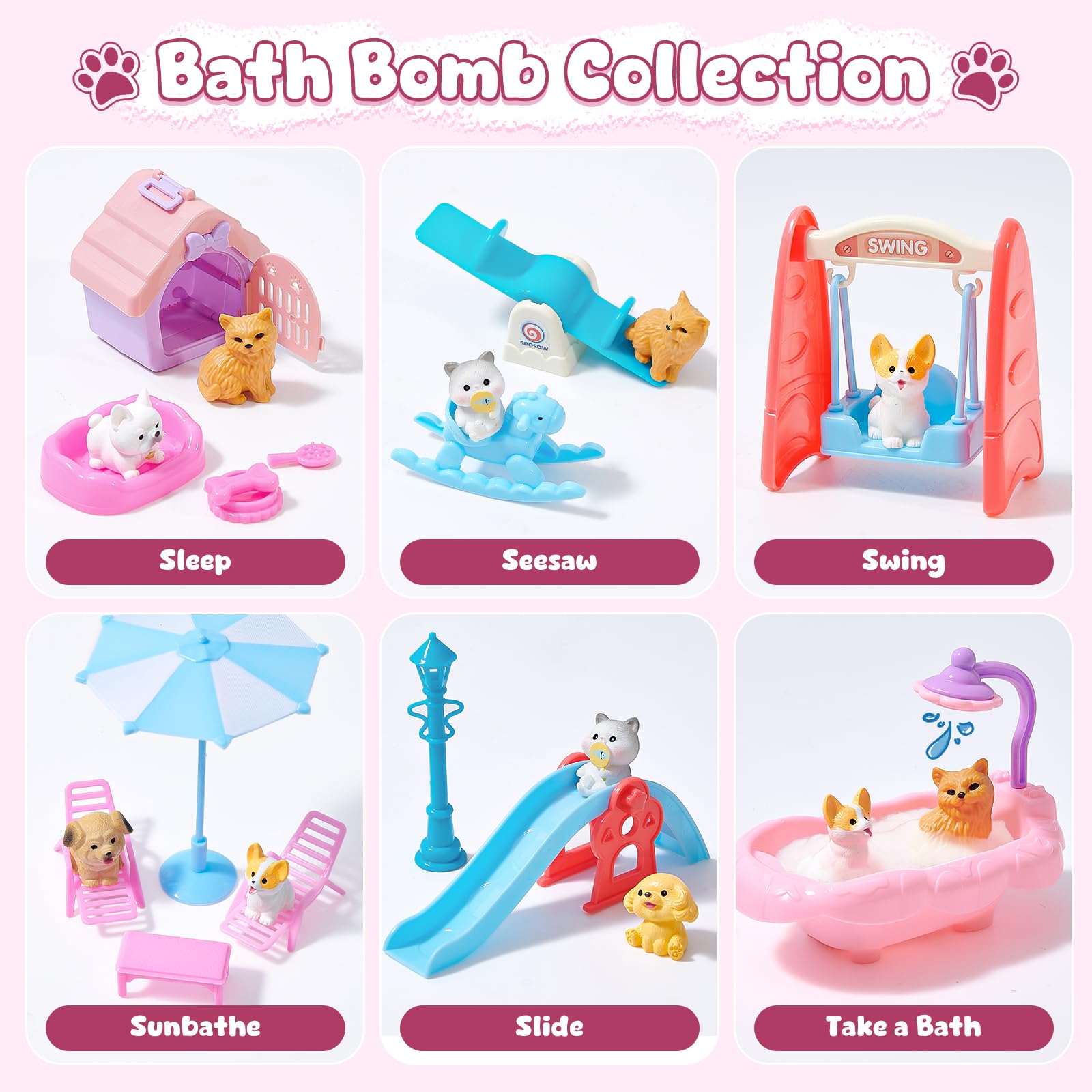 Bombe de Bain Enfant Surprise 12pcs Boule de Bain avec Jouets Chiens Chats Bombe de Douche Aromatherapie Jouets de Bain pour Enfant Fournitures de Loisirs Créatifs Cadeau Anniversaire Garçons Filles