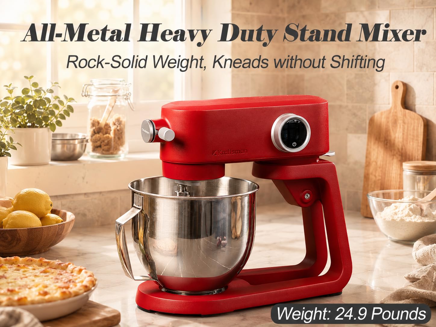 Robot de cocina, amasadora para masa de pan, carcasa de metal, 8 niveles con temporizador, cuenco de 5 L, 4 cabezales de acero inoxidable (RED)