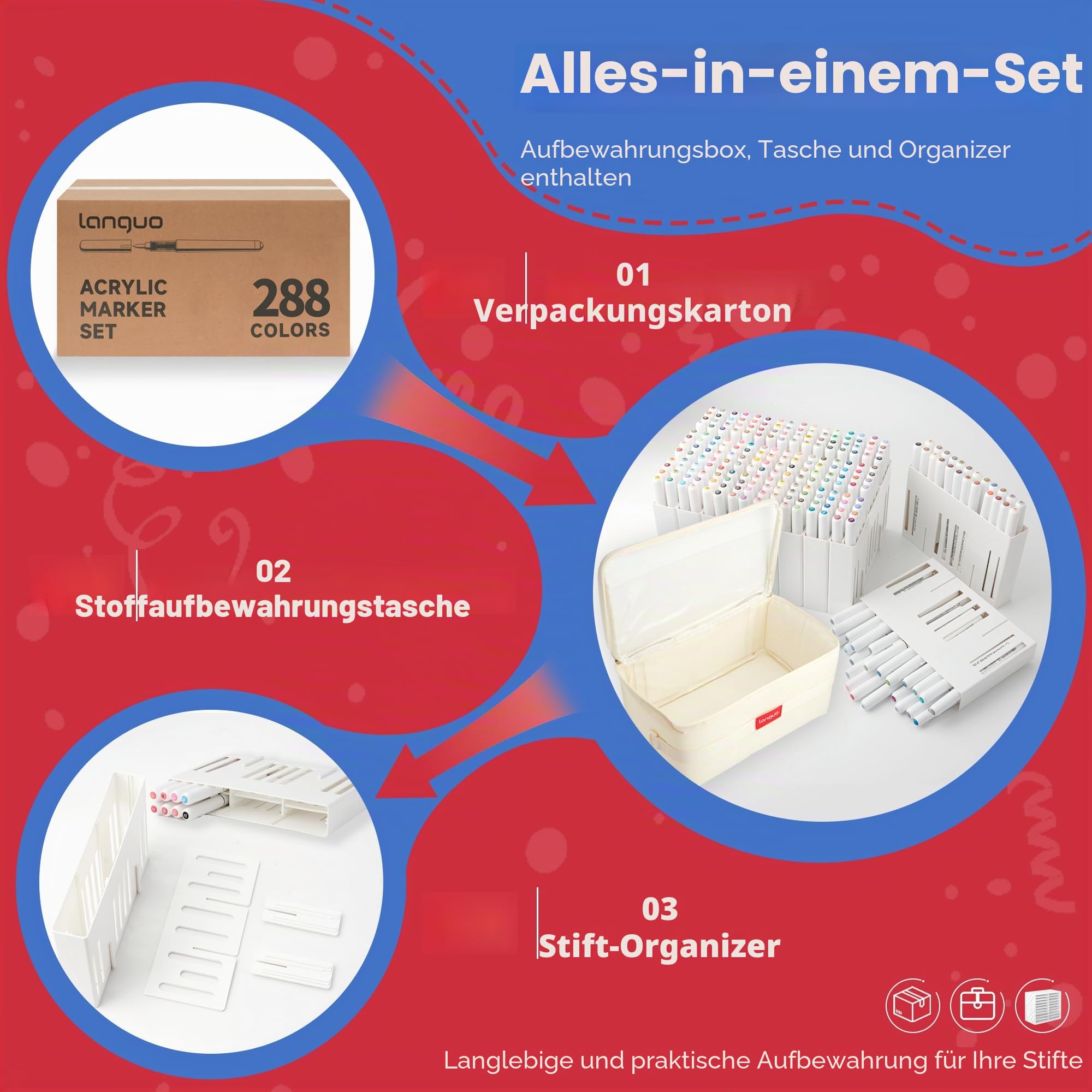 288 Farben Acrylfarben Markerstifte - Pinselspitze, Lebendige Farben für Holz, Stoff, Glas & Mehr, Acrylmalstifte Set mit Aufbewahrungskoffer, Ideal für DIY Bastelprojekte
