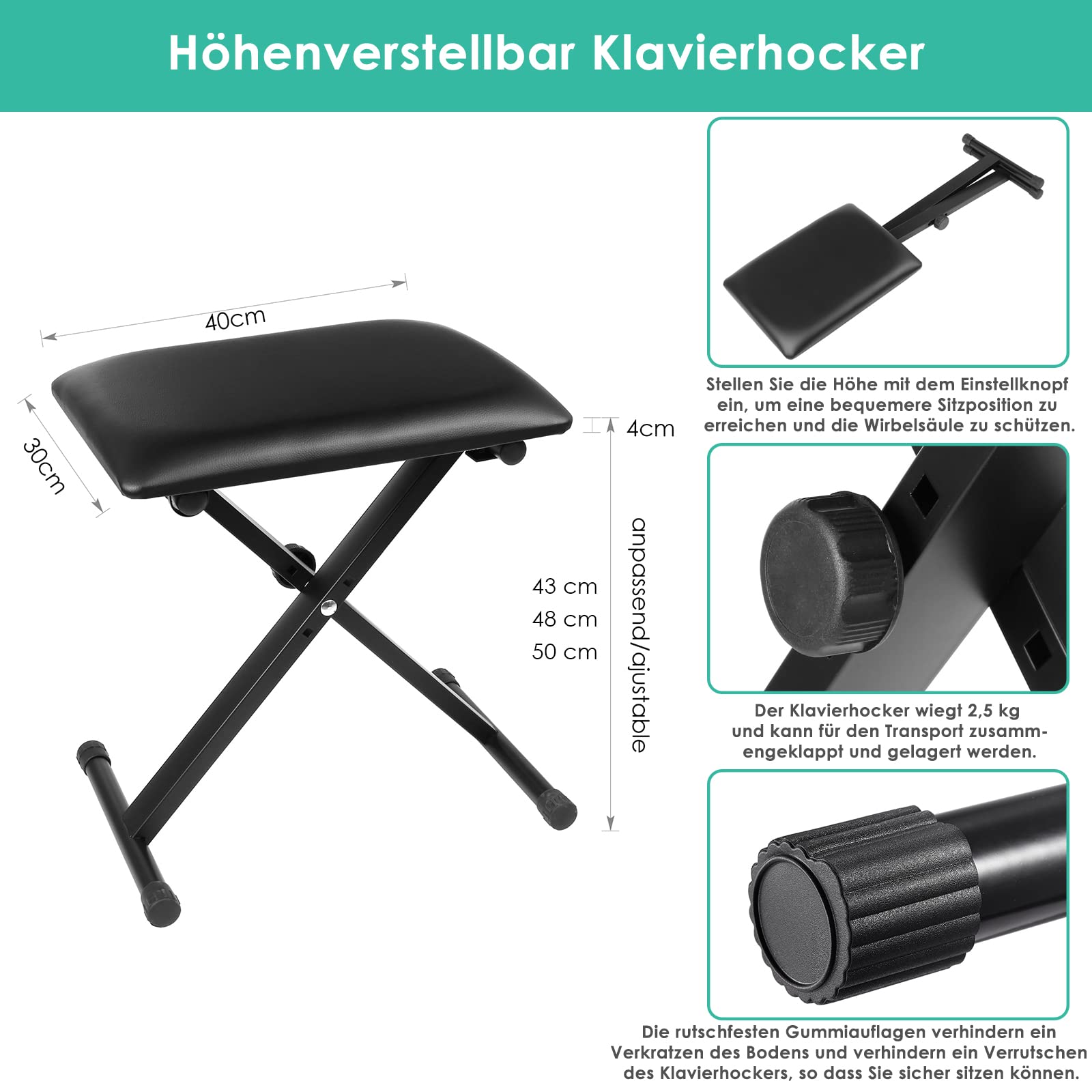 MAMIZO Keyboardständer mit Hocker, Höhenverstellbar Keyboard Ständer und Keyboard Hocker, Doppel X-Frame Keyboard Stand Klavierhocker Set, Klappbar Keyboardstativ Keyboardbank für E-Piano, Schwarz