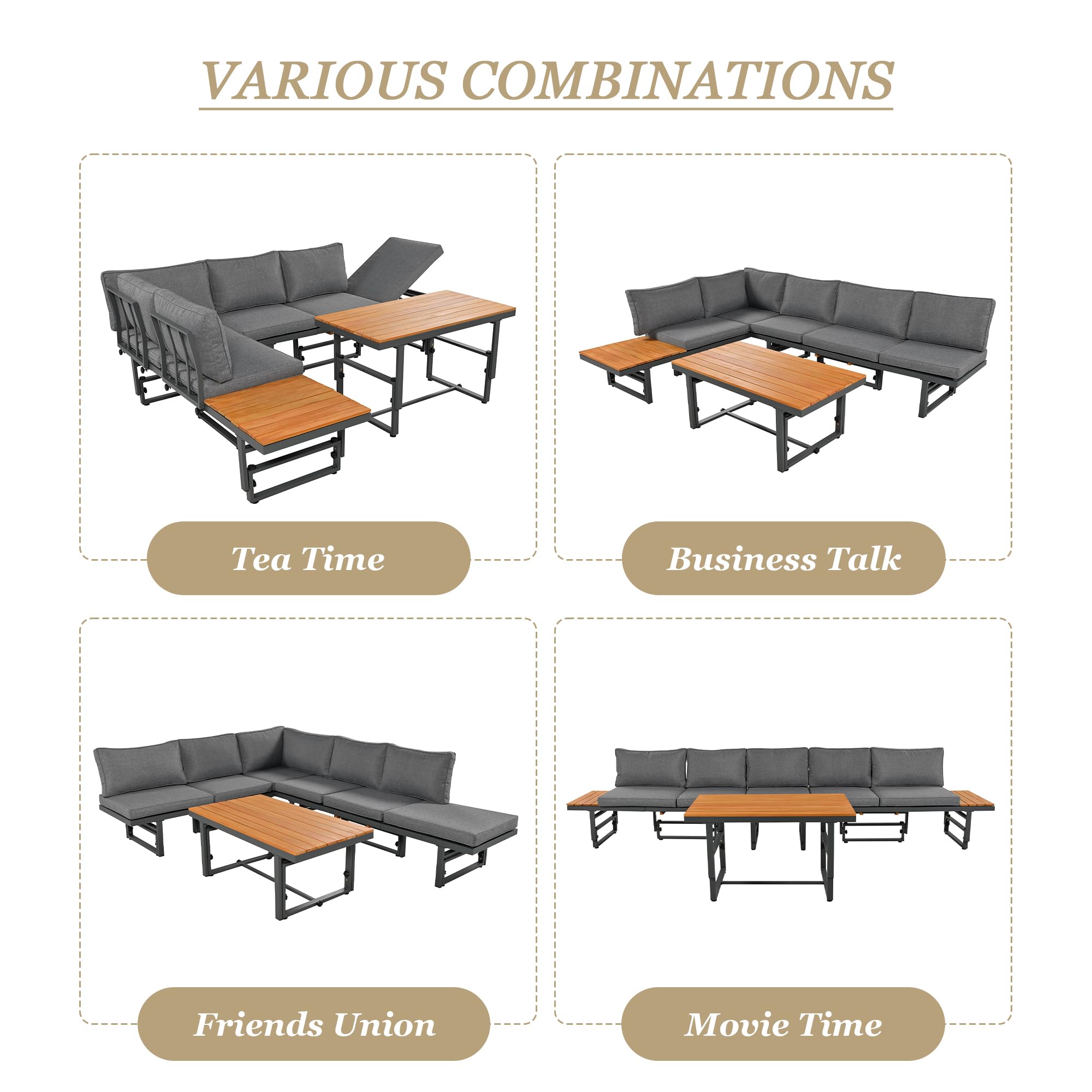 Sapgaks Ensemble de Salon de Jardin extérieur pour 6 Personnes,Structure en Fer thermolaqué, Dossier réglable, Bois d'acacia, Table réglable,Gris