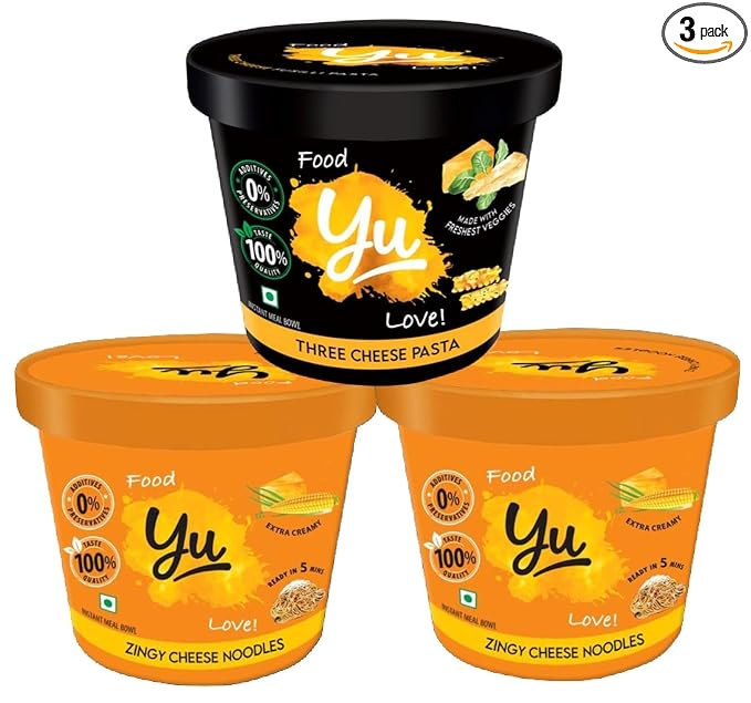 Cup Noodles & Pasta - 2 Zingy Cheese Noodles + 1 Three Cheese Pasta - Pack of 3 - Instant Food - No Preservatives - 100% Natural & Veg - Ready To Eat Instant Noodles - Yu Foodlabs