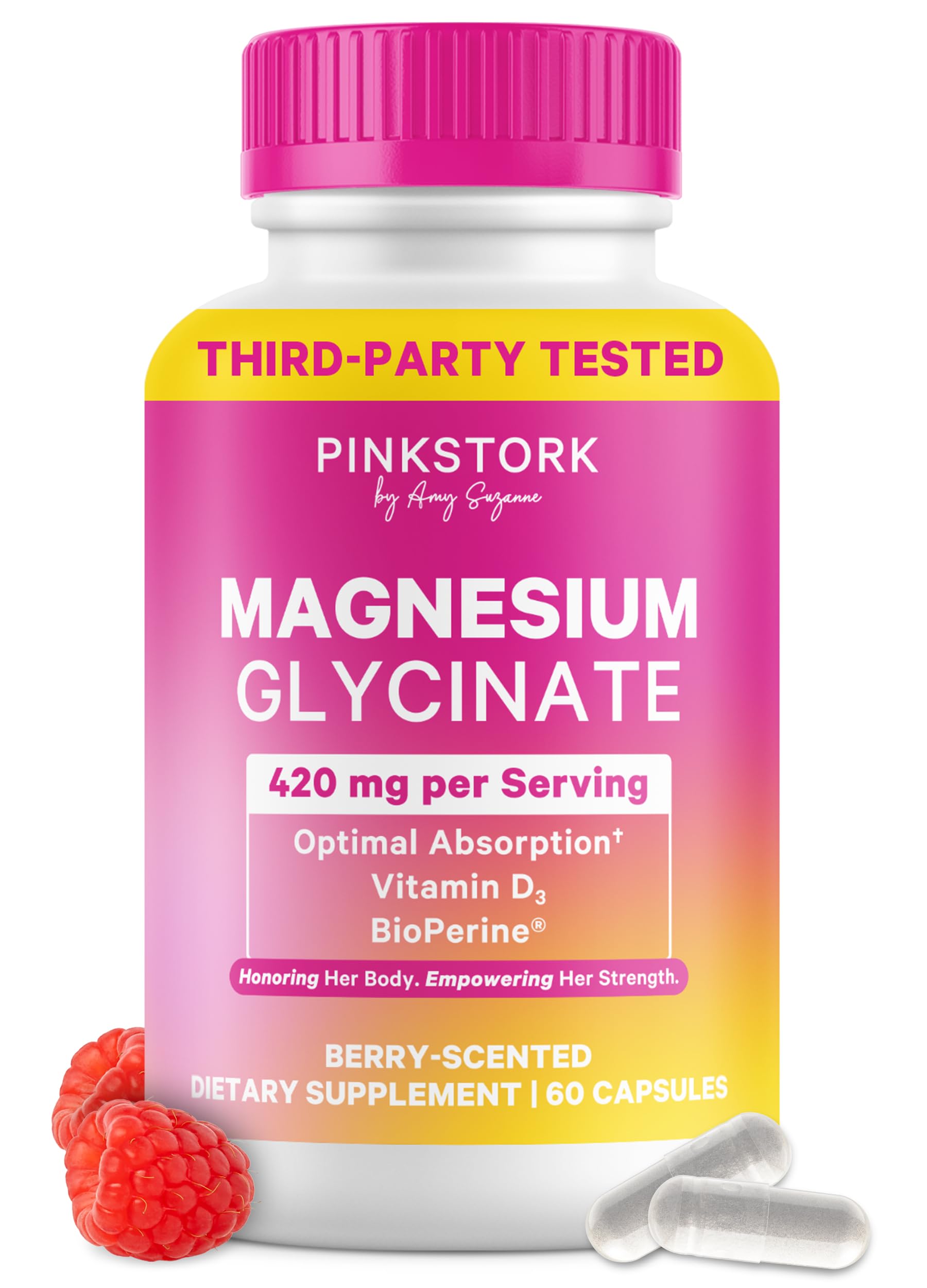 Pink Stork Magnesium Glycinate 420mg, Berry Essence, 60 Capsules Berry 60 Count (Pack of 1)