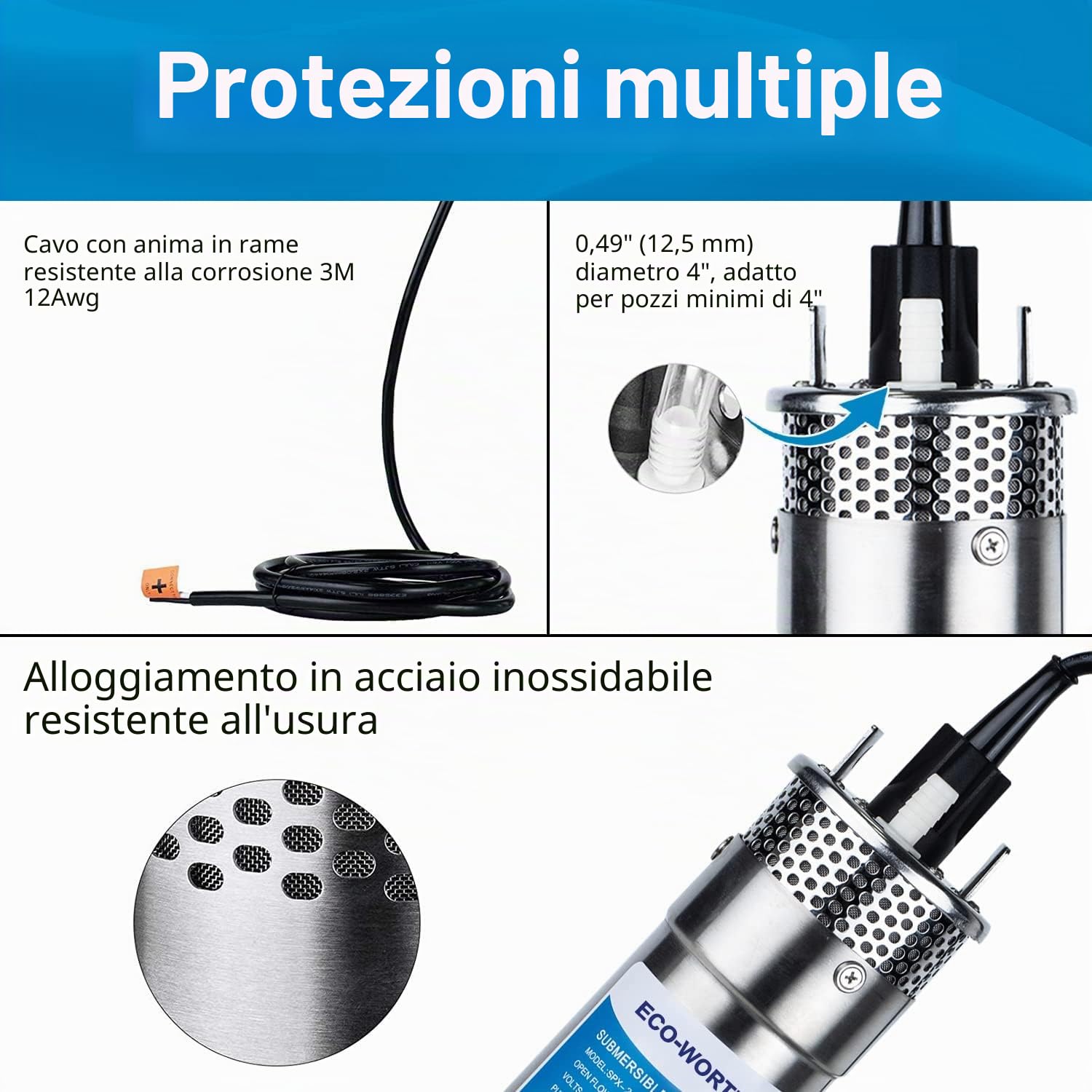 DCHOUSE Pompa Sommergibile per Pozzi 12V DC in Acciaio Inossidabile, Alimentata a Energia Solare, Altezza di Sollevamento 70 m, Profondità Massima di Immersione 30 m
