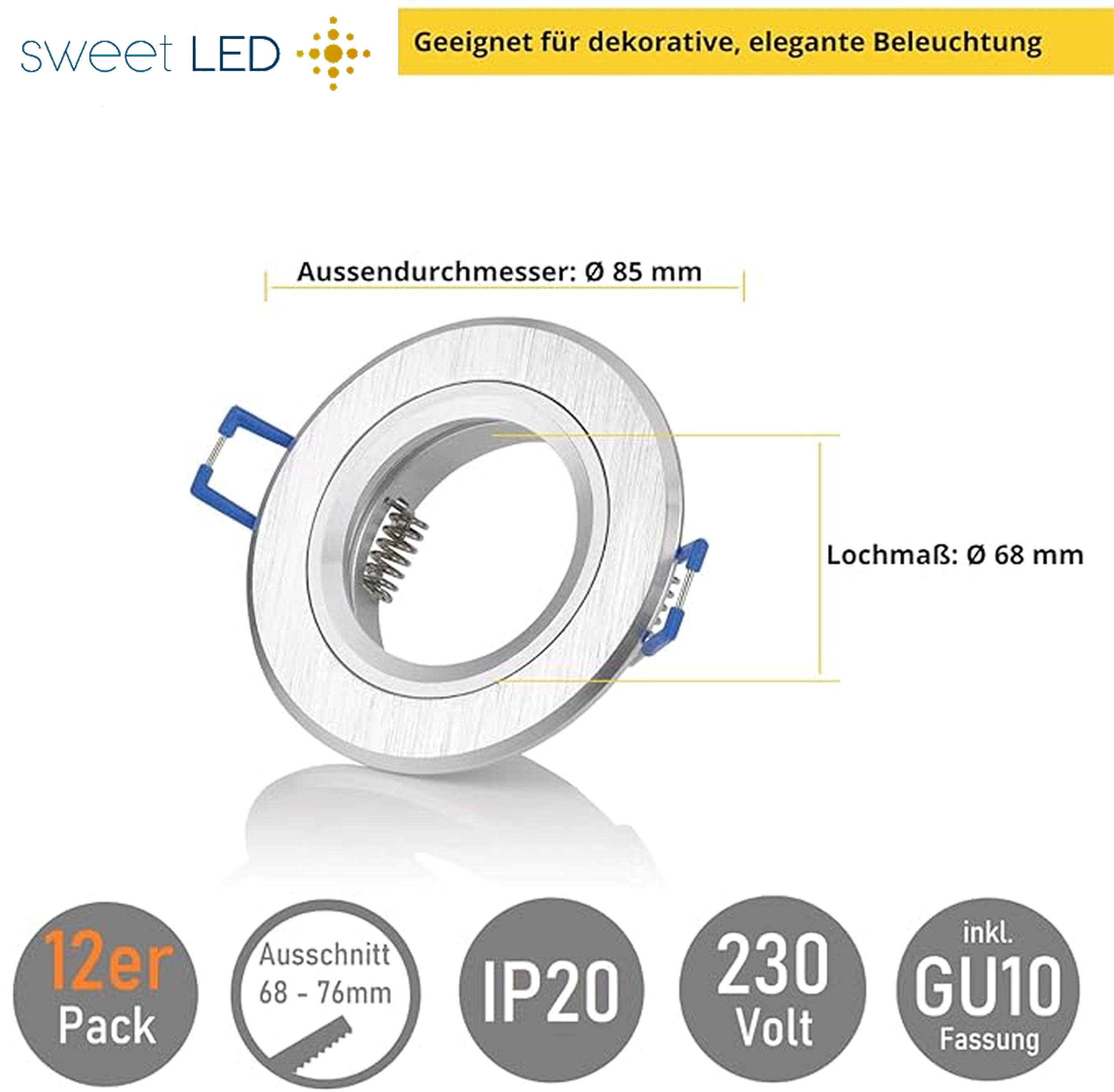 sweet-led zestaw 12-tu ram opraw sufitowych do zabudowy z gniazdem przyłączeniowym GU10 reflektory lampy do zabudowy 230 V okrągłe ramy montażowe sufitowe punktowe, reflektor sufitowy, okrąga lampa sufitowa do wbudowania (okrągłe ramki – szczotkowane sreb