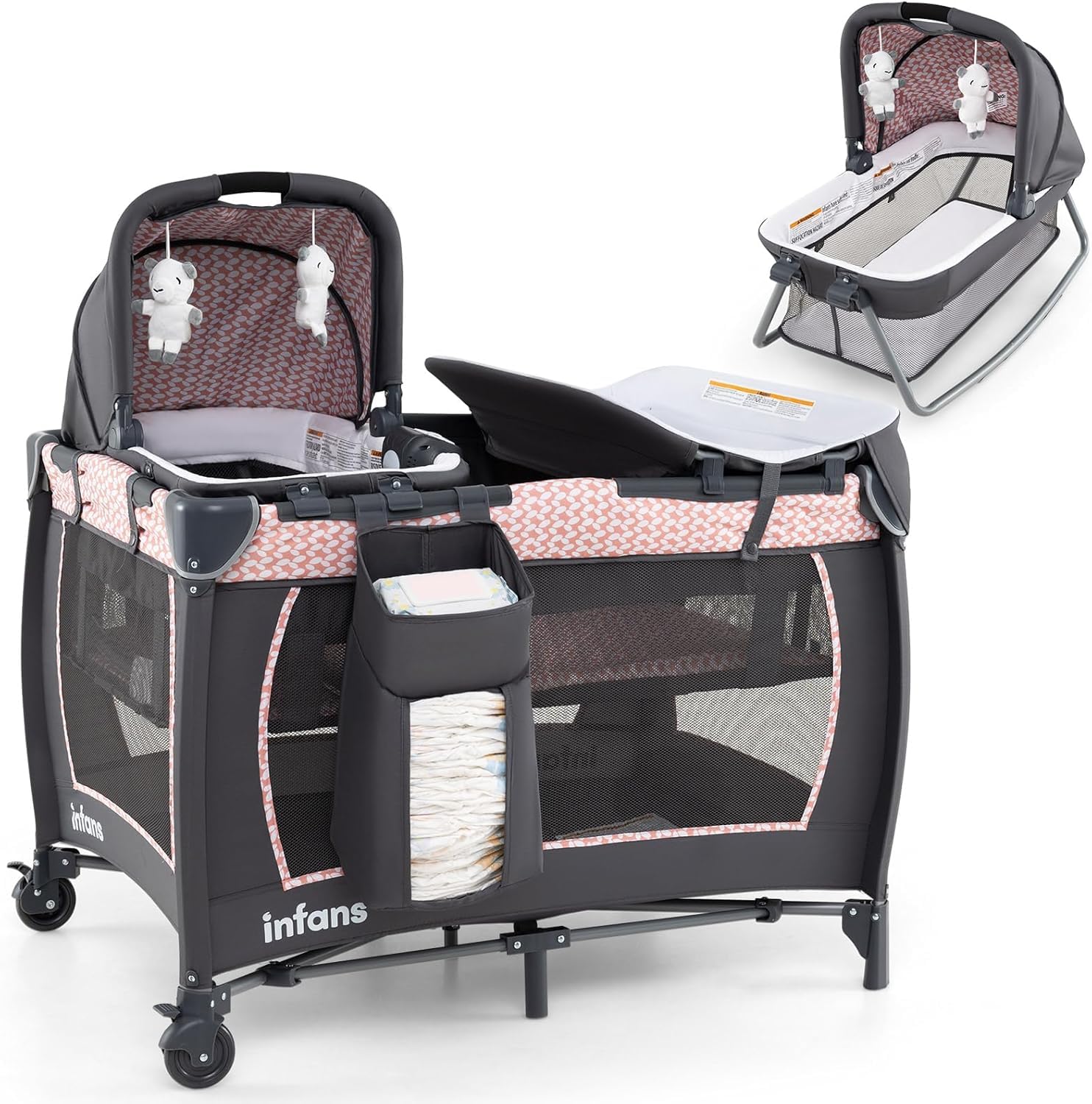 RELAX4LIFE 5 in 1 Baby Crib with Moses, Changing Mat, Hanging Toys, Carry Bag, and Wheels with Brakes, Portable and Foldable Travel Crib for Baby 0-36 Months (Pink)