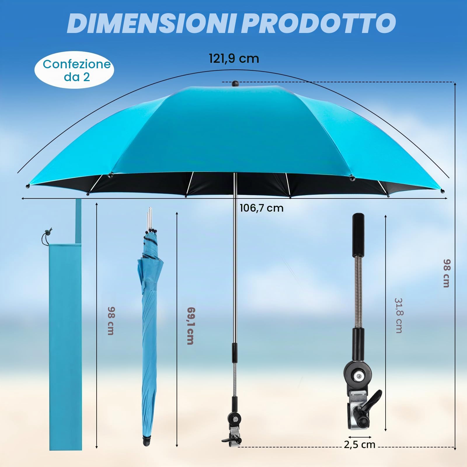 panthem Confezione da 2 ombrelloni da spiaggia con morsetto universale, UPF 50+ 360°, parasole portatile per sedia da campeggio, sedia a rotelle, sedie da patio, golf cart, balcone