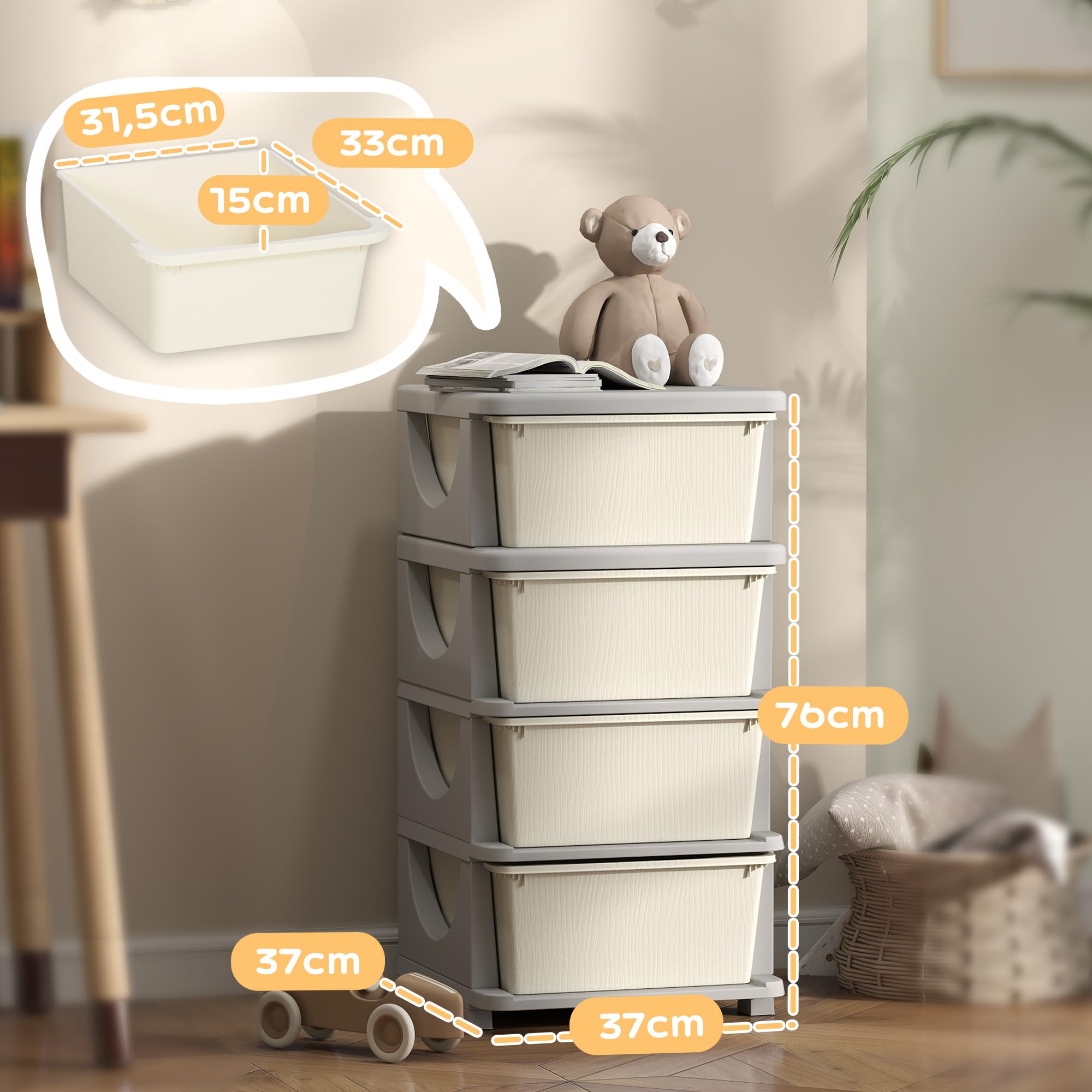 HOMCOM Schubladenschrank für Kinder mit Stauraum Aufbewahrungsboxen Spielzeug-Organizer Spielzeugkiste vier Ebenen für Kinderzimmer 3-6 Jahre Kindermöbel Cremeweiß 37 x 37 x 76 cm