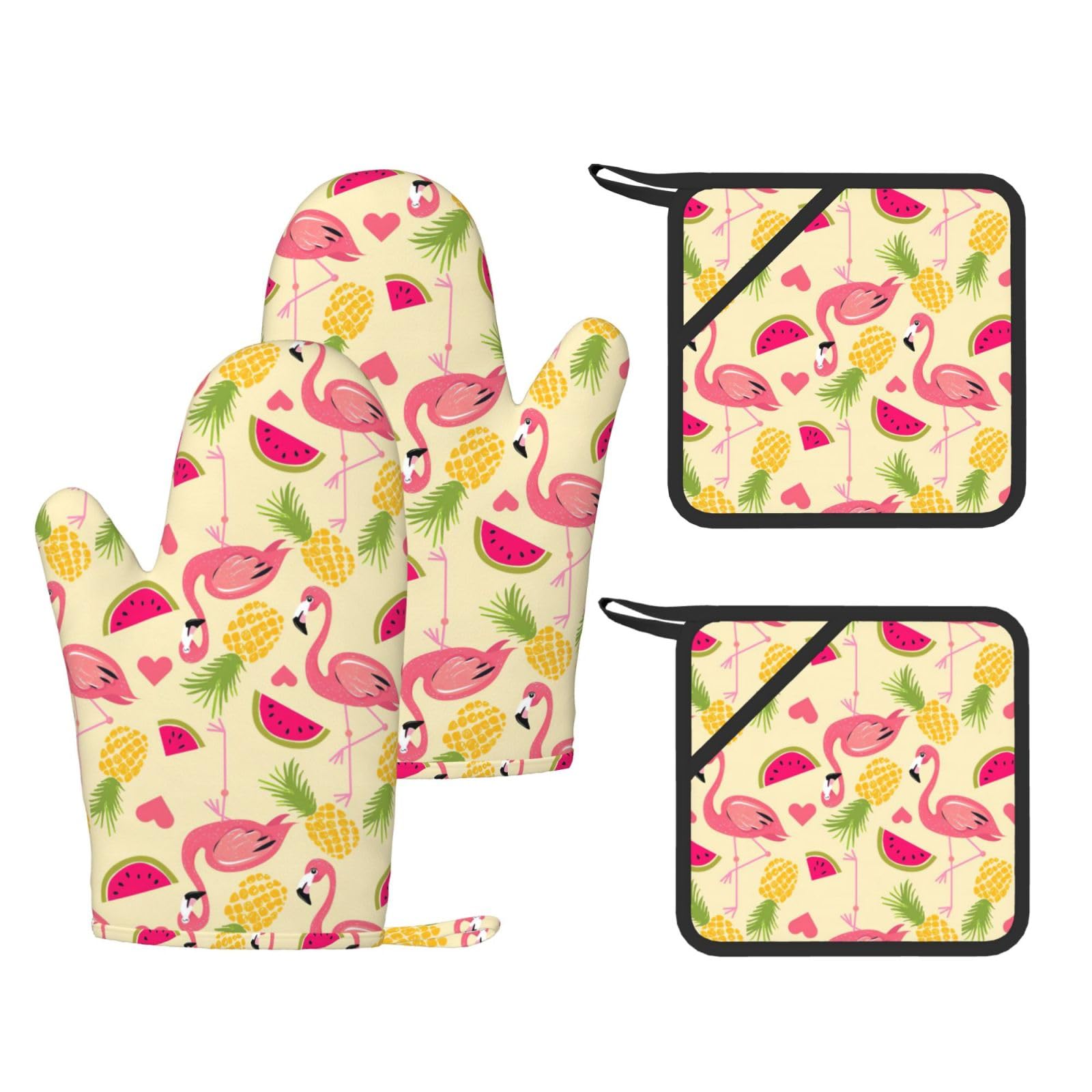 Flamingo With Monstera Printed Oven Mitts and Pot Holders Set of 4, Heat Resistant Silicone Gloves for Baking Grilling