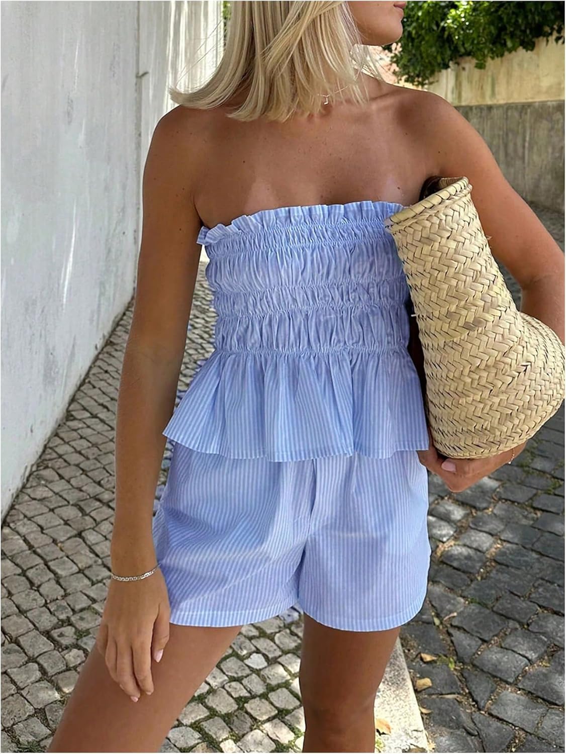 SOLY HUX Women's 2 Piece Summer Vacation Outfits Striped Peplum Ruffle Hem Tube Tops and Shorts Set - Image 3