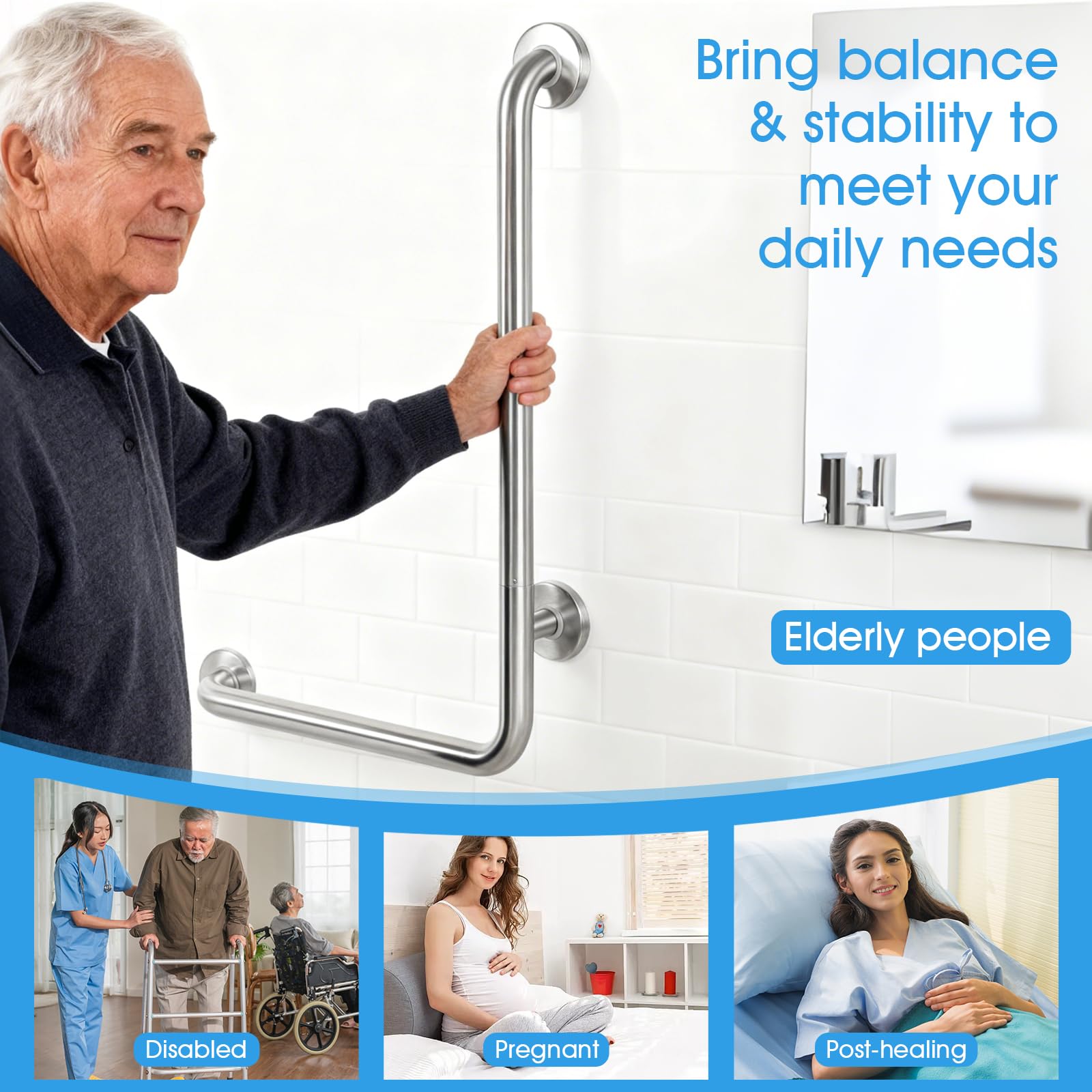 Maniglia per doccia, 70 x 50 cm, a forma di L, in acciaio inox, per anziani e incinte, impugnatura di sicurezza per bagno, WC, corrimano da parete antiscivolo per hotel e casa (spazzolato, sinistra)