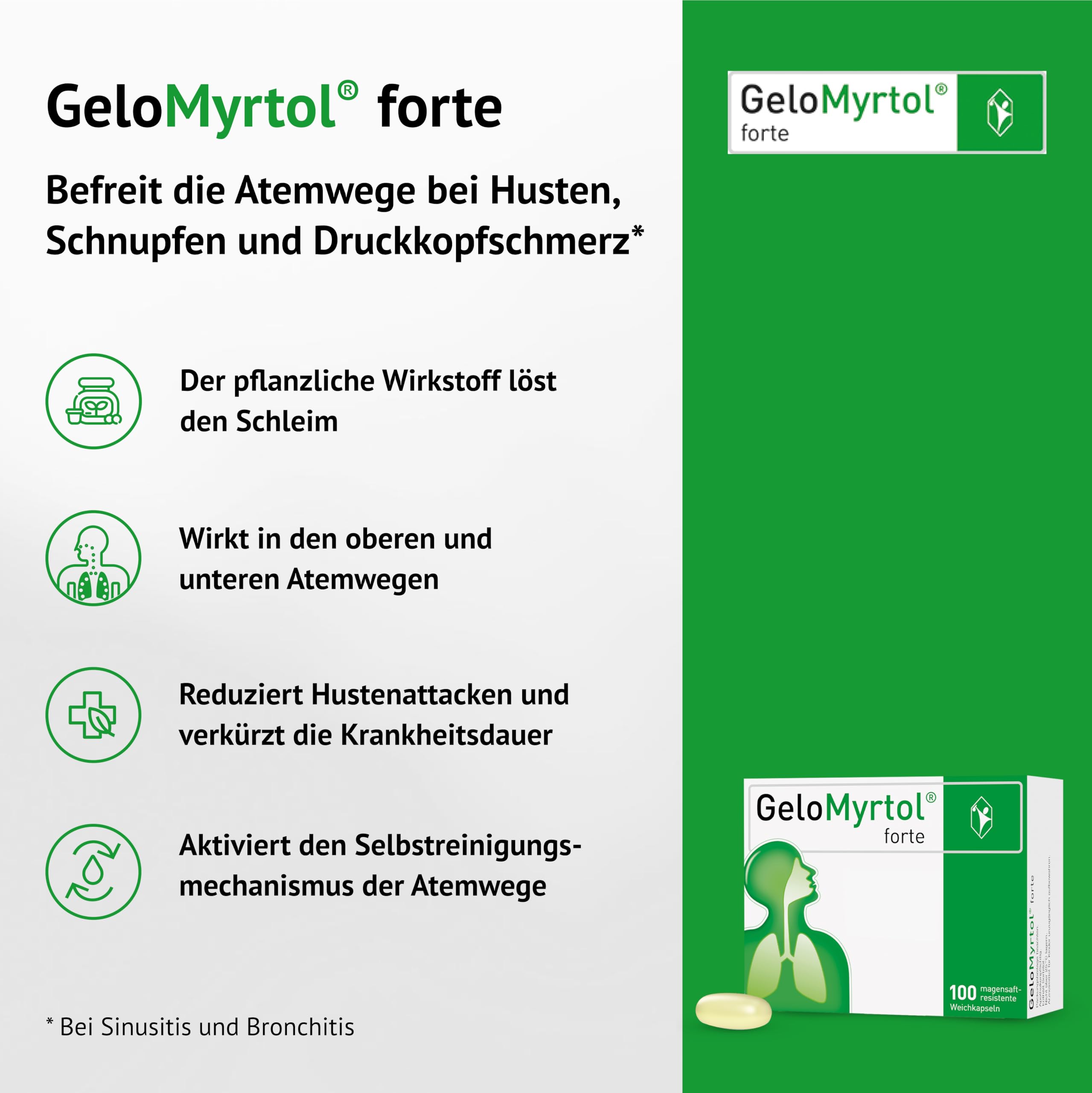 GeloMyrtol forte: Pflanzlicher Schleimlöser für akute und chronische Infektionen der oberen und unteren Atemwege mit Husten, Schnupfen und Druckkopfschmerz - ab 6 Jahren, 2 x 100 Kapseln