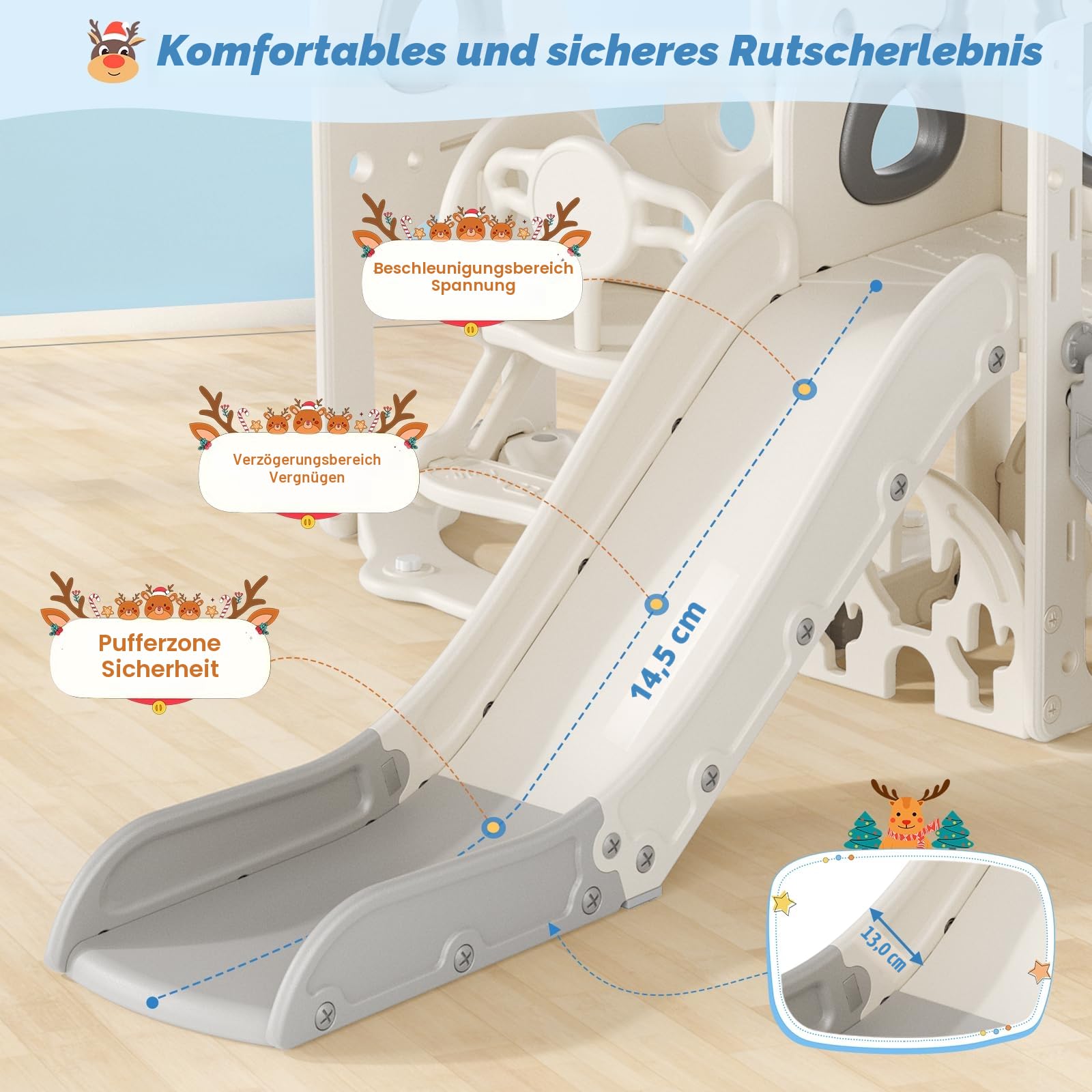 6-in-1 Kinder Rutsche Indoor/Outdoor,Montessori Spielzeugset mit Klettergerüst,Basketballkorb,Krabbeltunnel & Teleskop, Sicherheitsgetestet HDPE Kunststoff für Kinder ab 1 Jahr(Beige-grau)