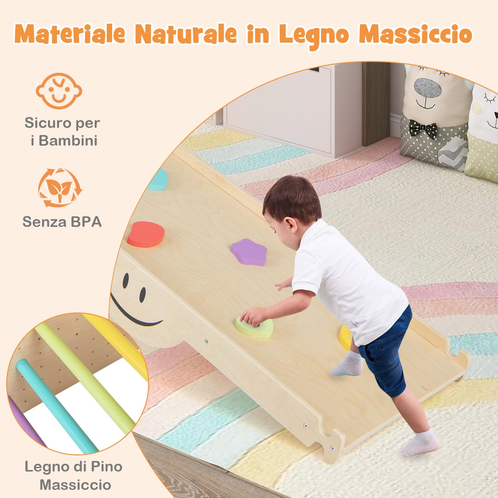 COSTWAY 6 in1 Set Arrampicata per Bambini, Giocattoli da Arrampicata in Legno con Rampe Reversibili, Altalena, Sgabello Regolabile in Altezza, Scala da Arrampicata per Bambini 3+ Anni