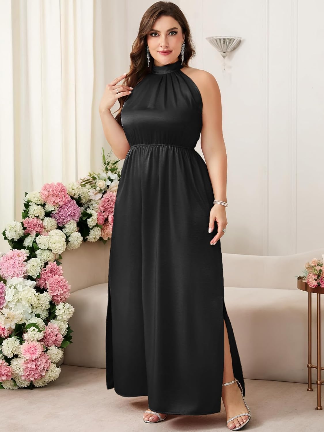 CYCLAMEN Plus Size 0X-4X Satin Halter Neck Dress A-line Maxi Long Dresses Wedding Guest Cocktail Evening Gowns