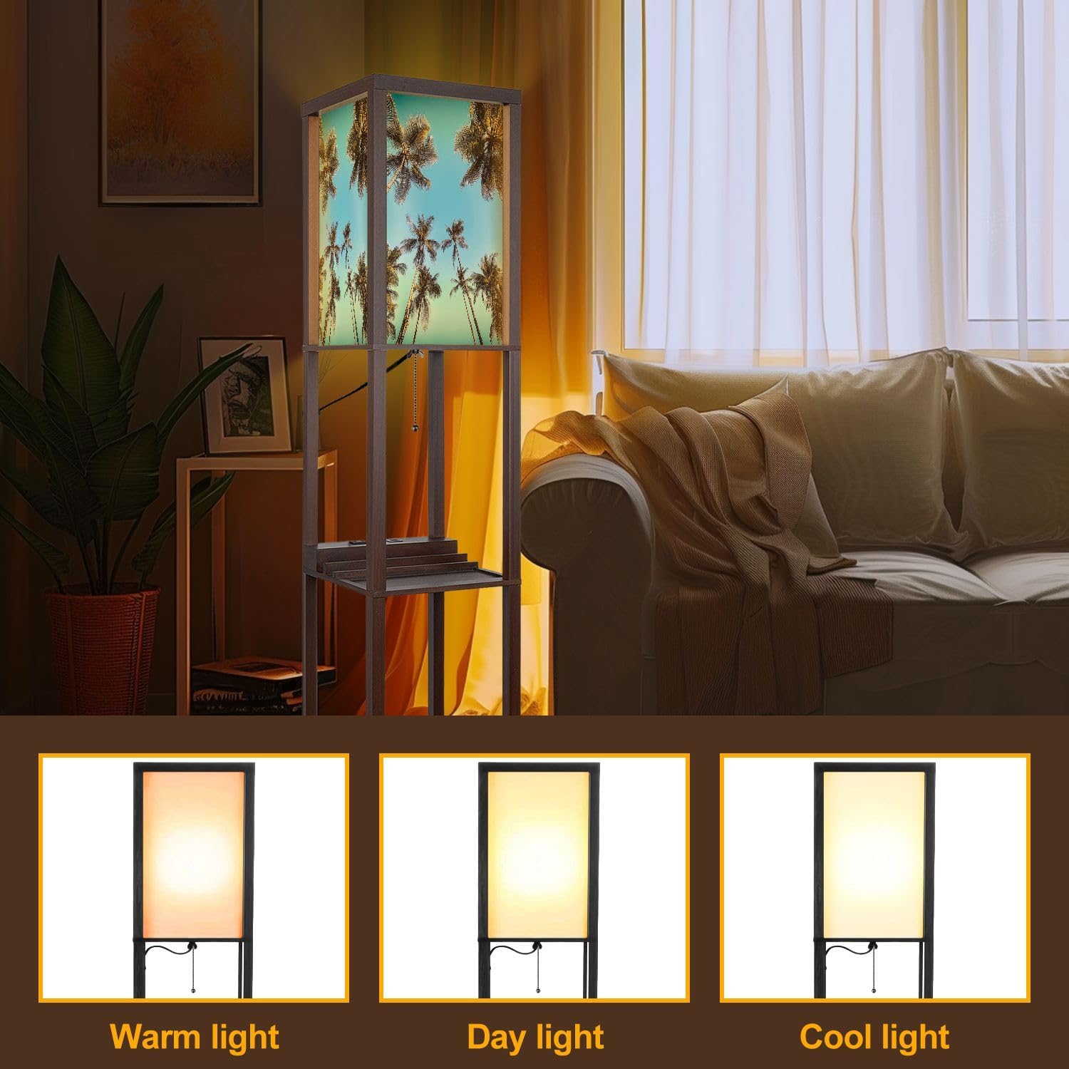 Floor Lamp with Shelves Tropical Coconut Palm Trees Vintage Toned Standing Tall Lamp USB Ports & Power Outlet Modern Corner Lamp Nightstand Light for Living Room Bedroom