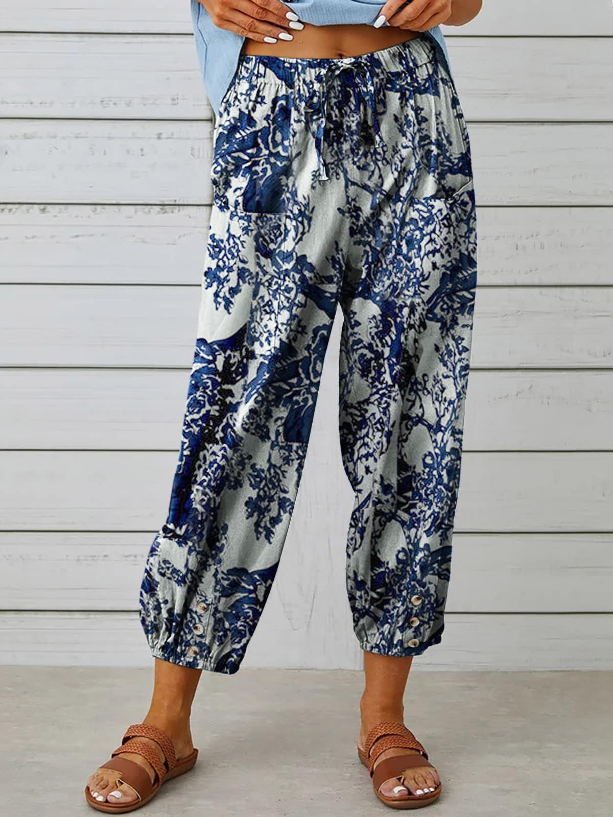 ABYOVRT Sommerhose Damen Leicht 7/8 Leinenhose Loose Freizeithose Frauen Weite Haremshose Taille Straight Bein Hose Stoffhose mit Taschen und Tunnelzug,S-XXL