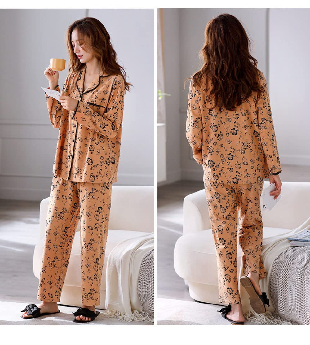 Pijama Mujer,Conjuntos De Pijama De Algodón Para Mujer Solapa Naranja Bolsillos Con Botones Florales Elegante Y Cálido Manga Larga Pjs Top & Amp; Bottoms Set Loungewear Ropa De Dormir Perezoso Su