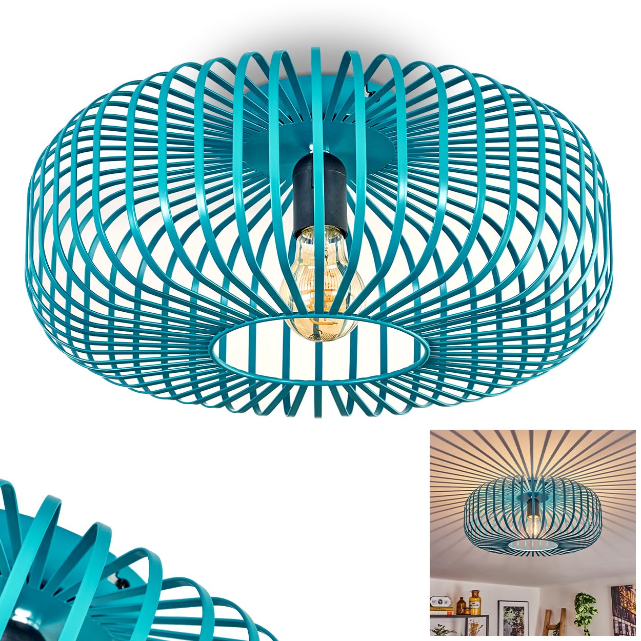 HOFSTEIN Deckenleuchte Wemude, moderne Deckenlampe aus Metall - Moderne Vintage Lampe, 1-flammig E27 - Spannender Lichteffekt durch Gitter-Optik, Rund, Petrol, 40 cm -Schlafzimmer, Esszimmer, Küche