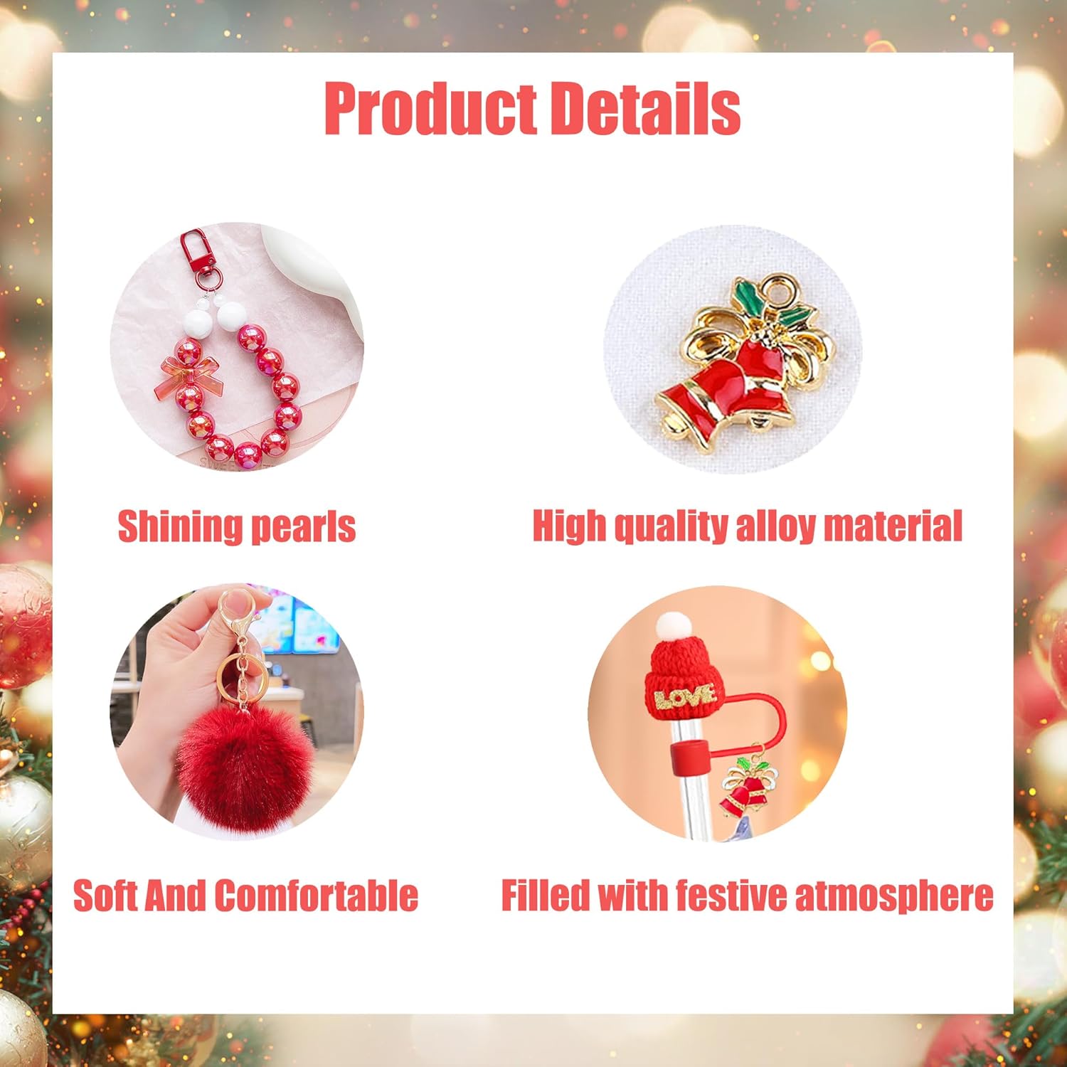 5 Pieces Christmas Warter Bottle Accessories for Stanley Cups Including Hat Straw Cover and Cute Keychain Charms for Stanley Cup 40oz & 30oz Tumbler, Perfect for Christmas Gifts (Red) - Image 2