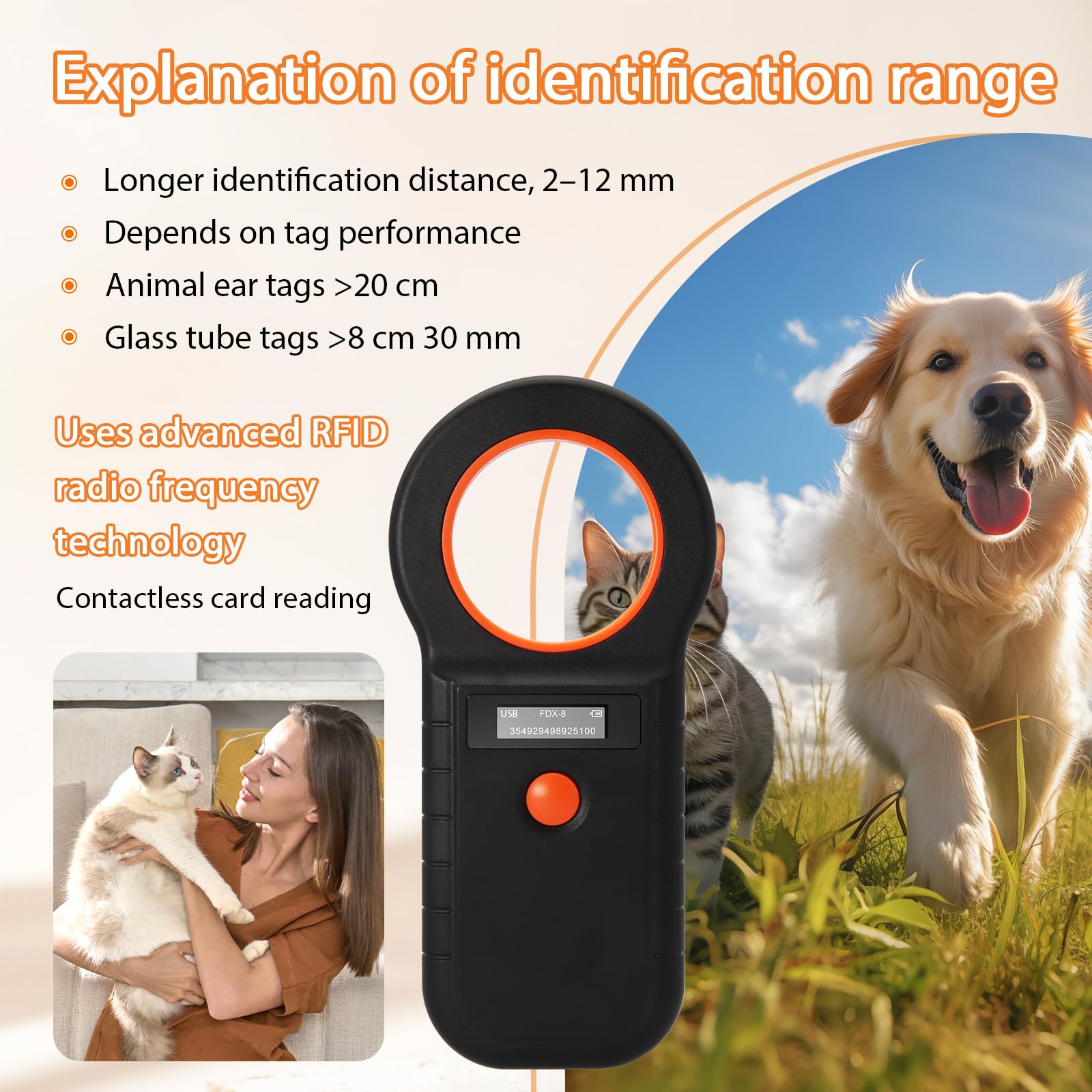 Chiplesegerät für Tiere, 128 Stück Tag-Informationsspeicher, Chiplesegerät für Hunde/Katze, RFID Mikrochip Lesegerät, 134,2KHz, ISO11784/85/HFDX-B/EMID