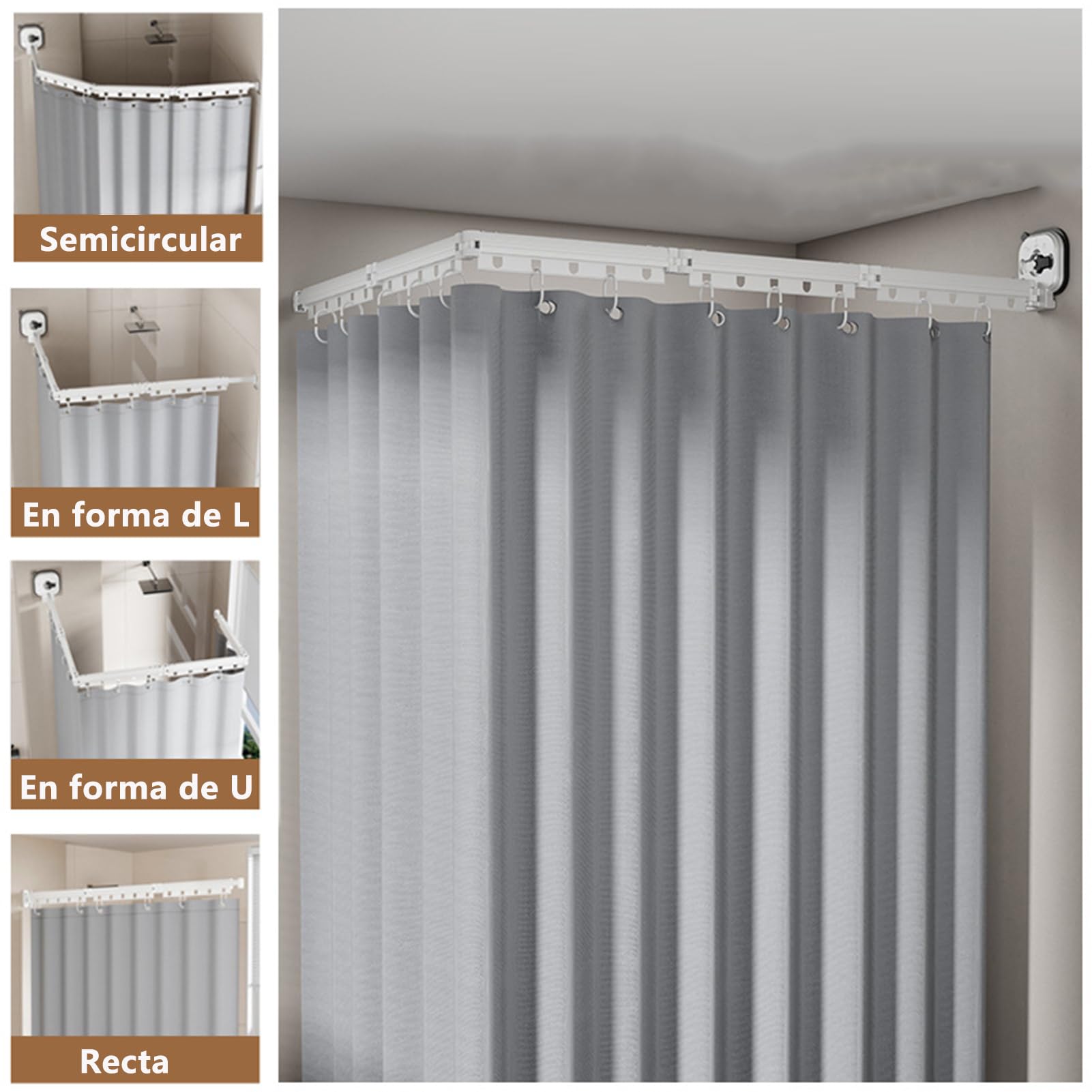 Barra de Cortina de Ducha Plegable con Cortina de Ducha, Barras de Cortina de Esquina con anillos de Cortina, Barra de Cortina de Ducha Para baño y Bañera, sin Taladrar (Blanco, 5-fold)