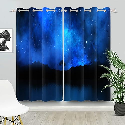 Uiiooazy Cortinas opacas, cielo nocturno, estrellas, lago, árbol, montaña, sala de estar, dormitorio, comedor, aislamiento térmico, ojales, juego de